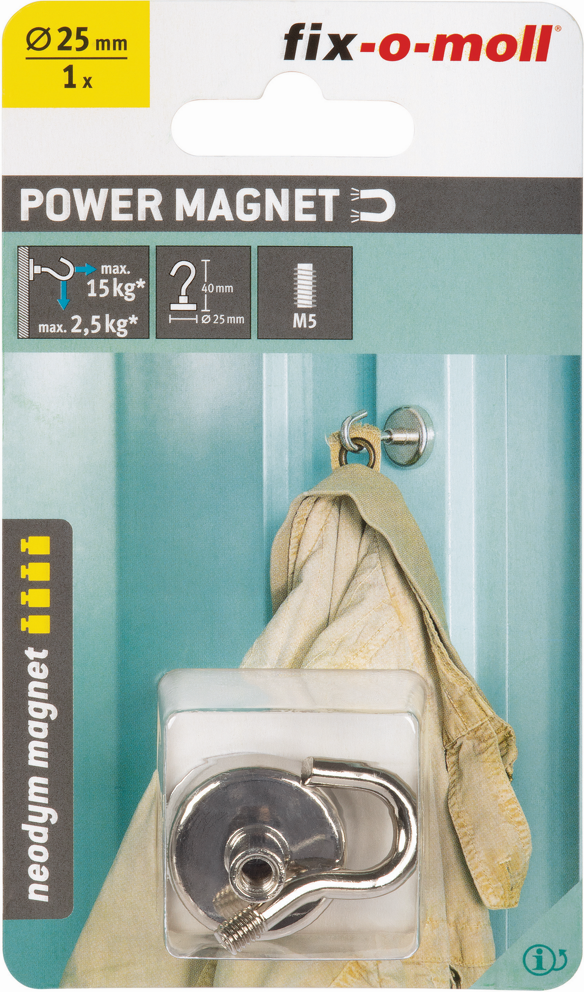 Fix-o-moll Topfmagnet 'Neodym' silbern M5 Schraubhaken Ø 25 x 40 mm