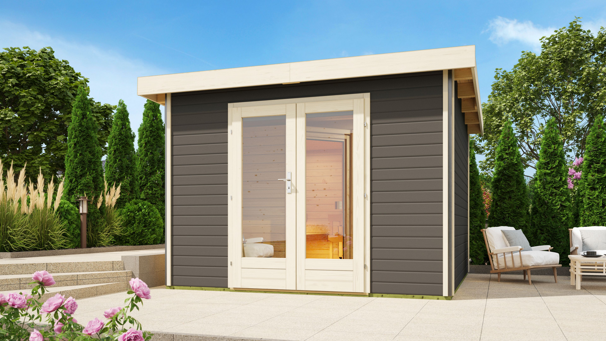 Karibu Saunahaus 'Francisco 1' A terragrau 309 x 309 x 229 cm