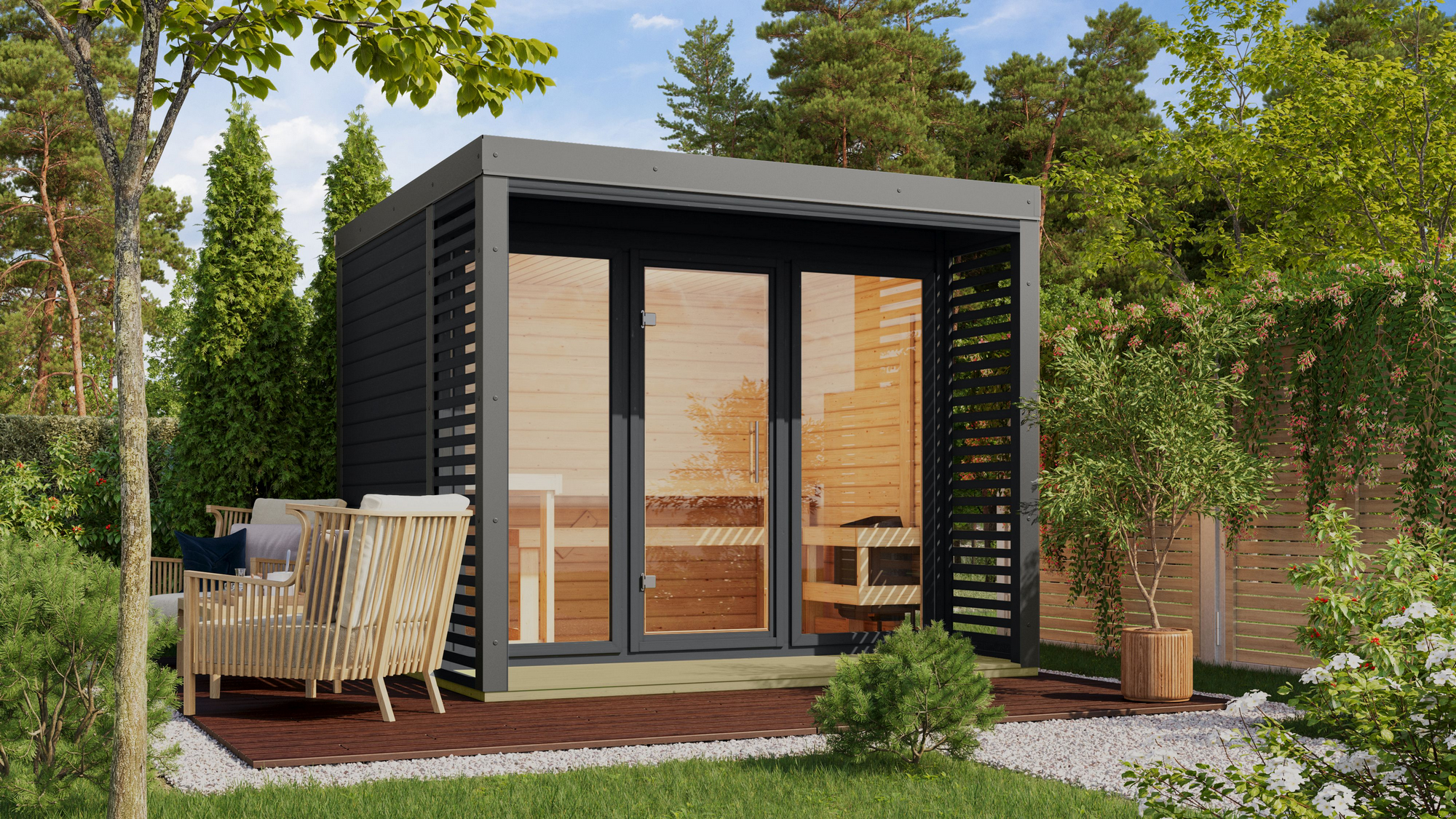 Karibu Saunahaus 'Aressa 3' anthrazit / graualuminium Ofen 9 kW Bio externe Steuerung 276 x 231,5 x 276 cm