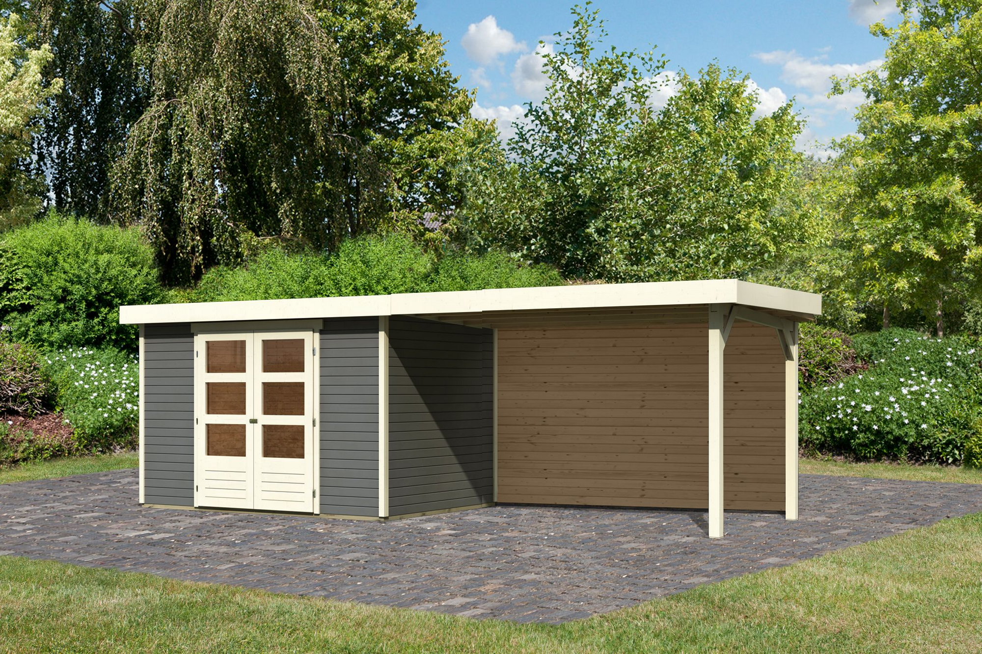 Thumbnail - Karibu Gartenhaus-Set 'Raskola 4' terragrau mit Anbaudach und Rückwand 591,5 x 211 x 238 cm