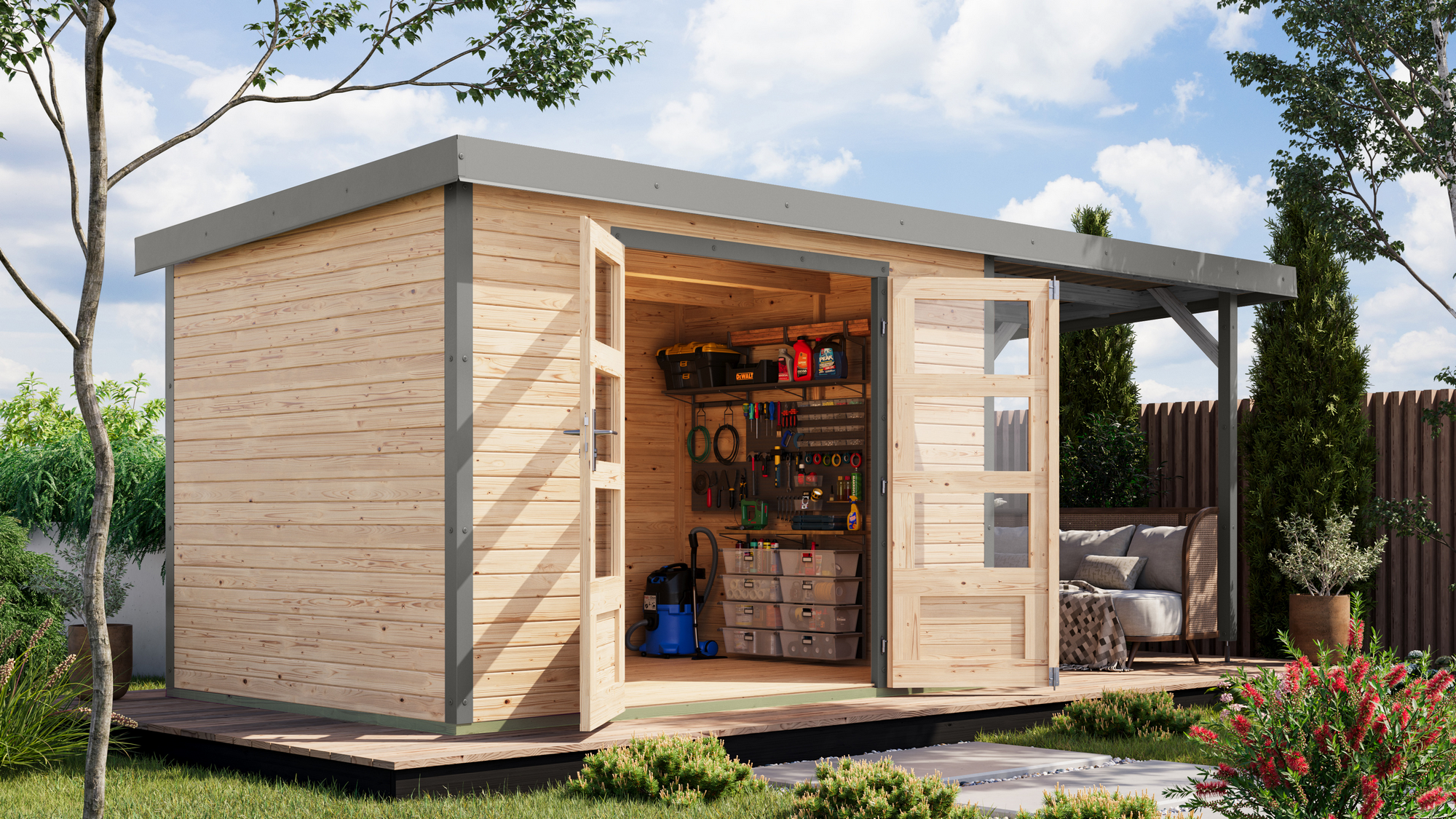 Karibu Gartenhaus-Set 'Komet 4 A' Fichtenholz naturbelassen / graualuminium mit Anbaudach 2,35 m breit 514,5 x 209 x 213...