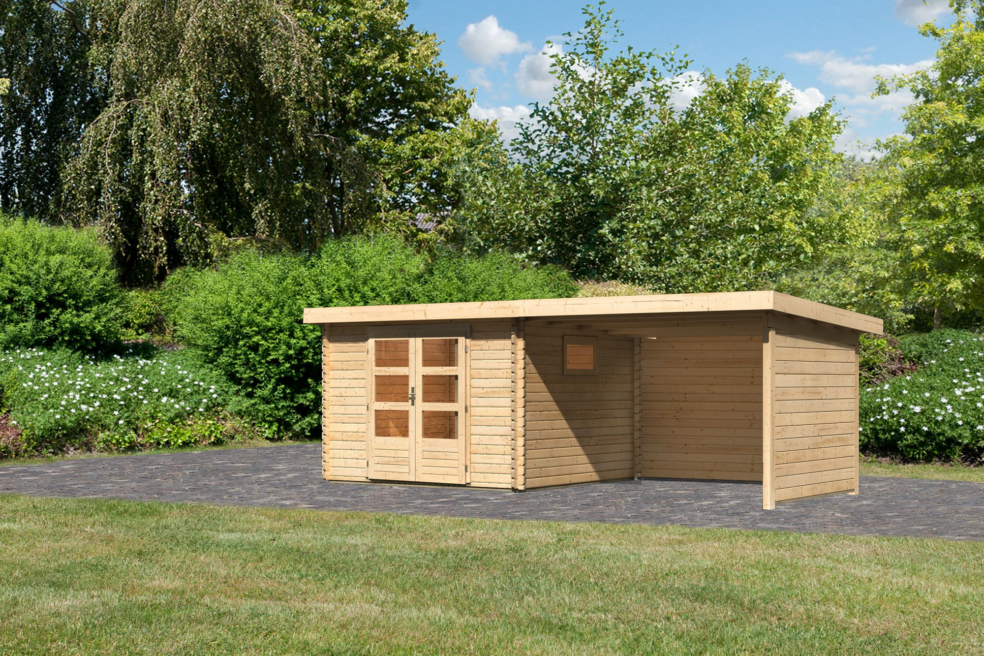 Karibu Gartenhaus-Set 'Ahrensburg 3' naturbelassen mit Anbaudach, Rück- und Seitenwand 616,5 x 217 x 333 cm