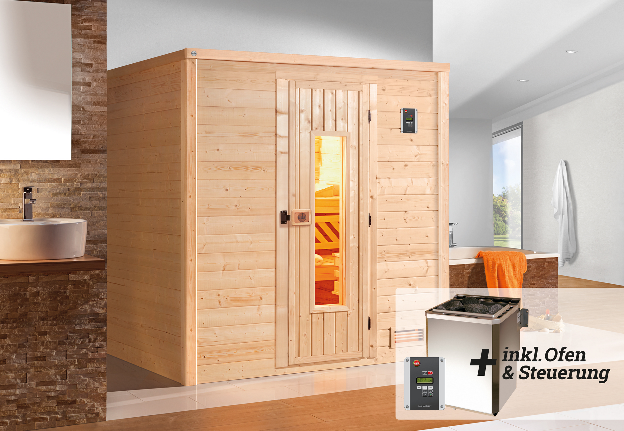 Weka Premium-Massivholzsauna 'Bergen 1' mit 7,5 kW BioS-Ofenset, Steuerung, Massivholztür 188 x 138 x 205 cm