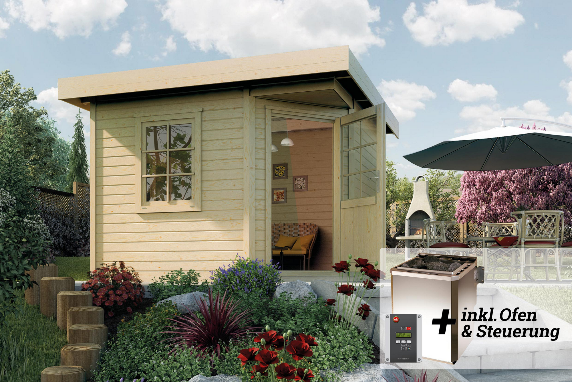 Weka Saunahaus 'Salo 1' natur mit Sauna Varberg 3 und 7,5 kW OS-Ofenset, Steuerung 298 x 298 x 237 cm