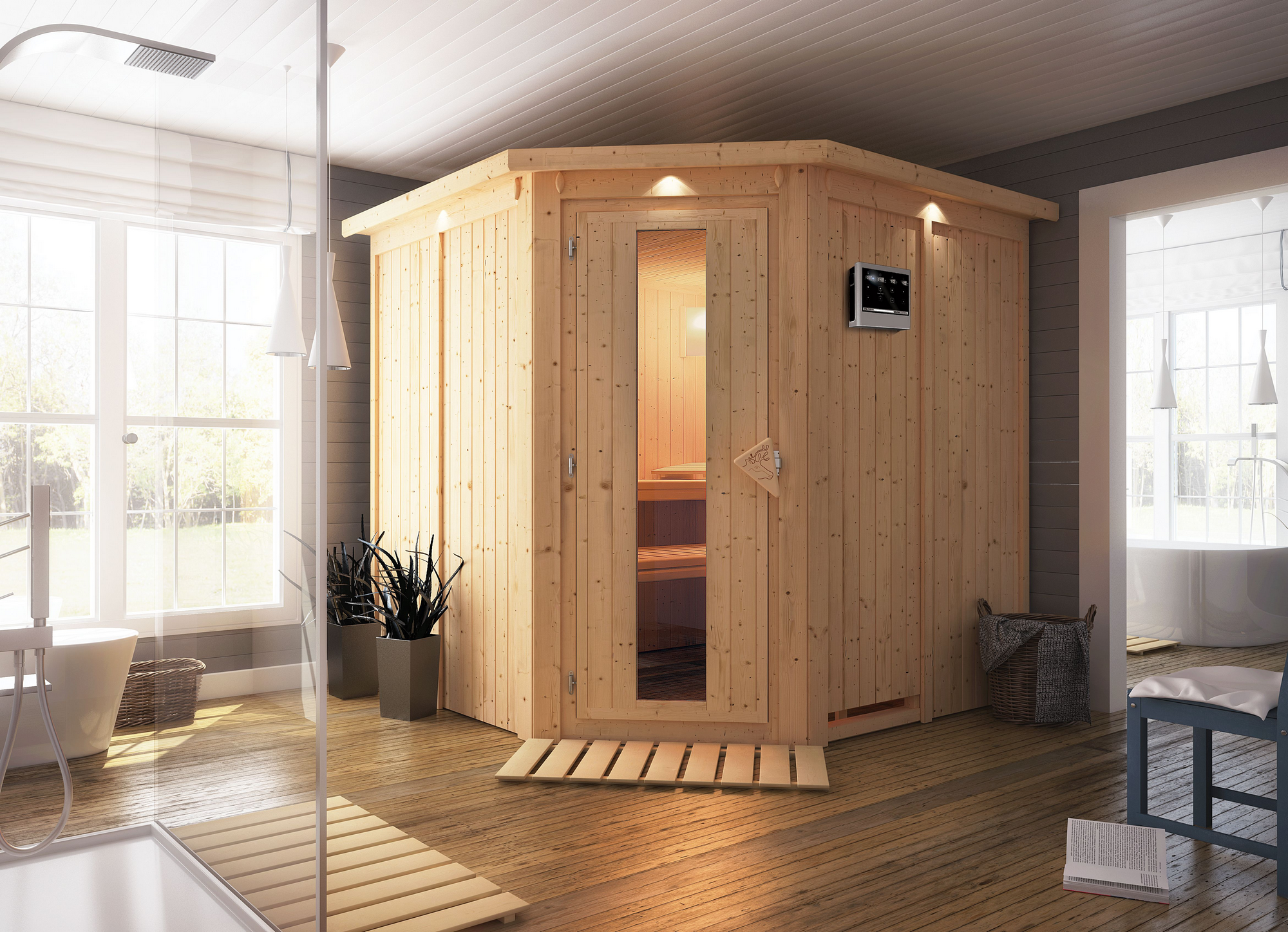Karibu Elementsauna 'Alicia' naturbelassen mit Kranz und Energiespartür 9 kW Ofen externe Steuerung Easy 210 x 210 x 202...
