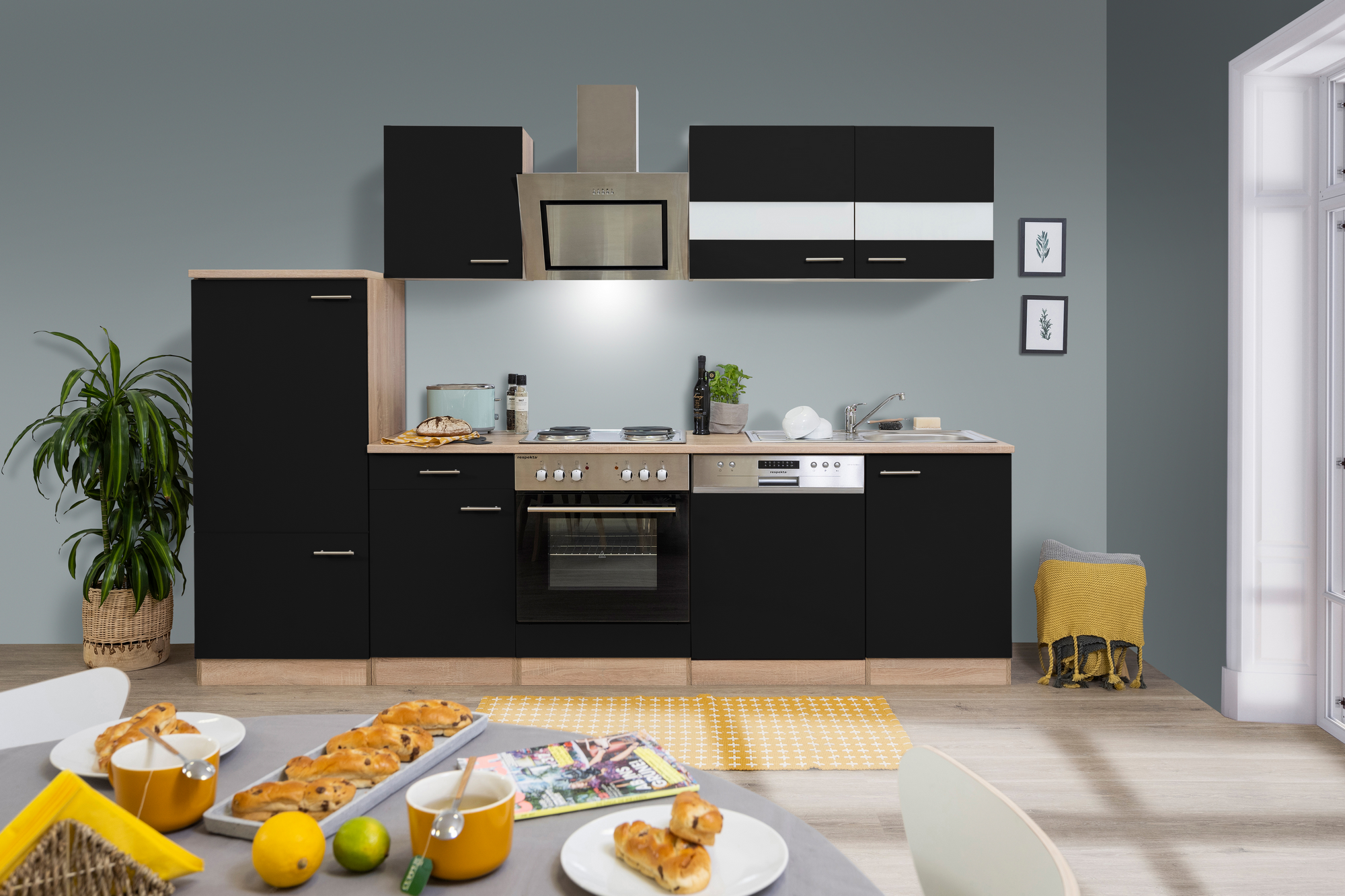 Respekta Küchenzeile 'Merle' mit E-Geräten KB280ESSS schwarz/eichefarben 280 cm