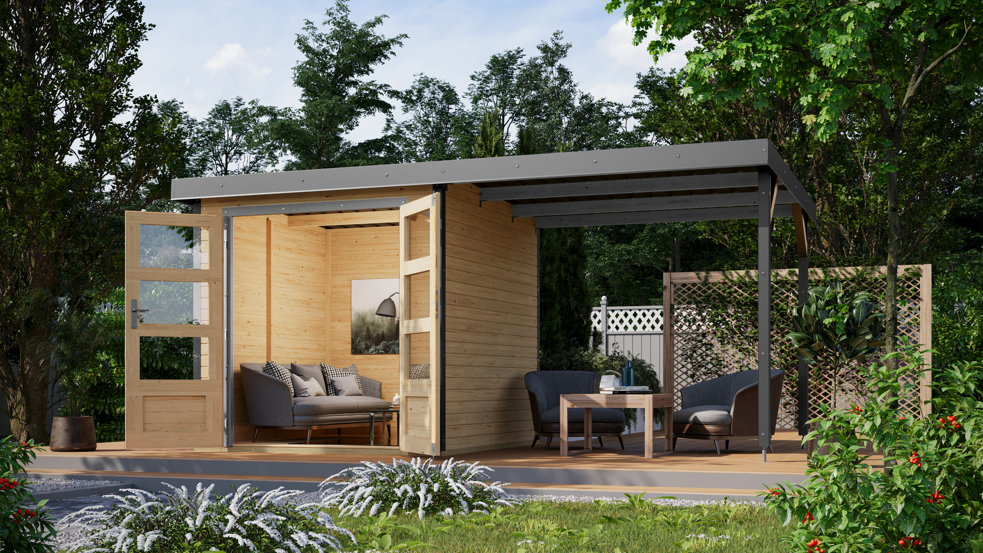 Thumbnail - Karibu Metall-Holzgartenhaus-Set 'Komet 2 A' Fichtenholz naturbelassen Metall graualuminium 438 x 208,5 x 213 cm