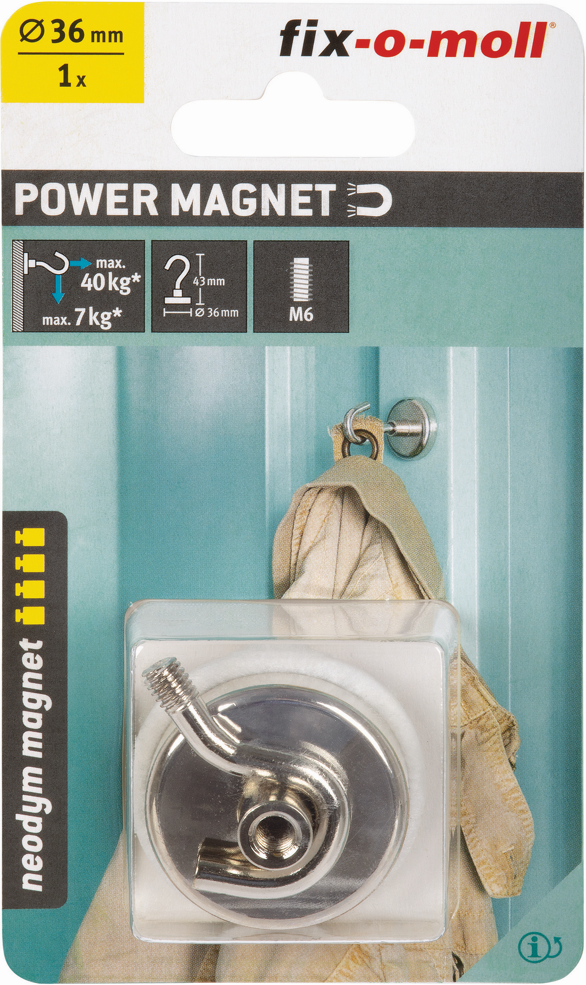 Fix-o-moll Topfmagnet 'Neodym' silbern M6 Schraubhaken Ø 36 x 43 mm
