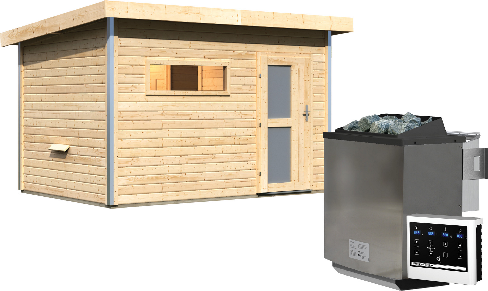 Karibu Saunahaus 'Skrollan 2' natur 9 kW Bio-Ofen, Steuerung Easy, Milchglastür, Vorraum 336 x 231 x 227 cm