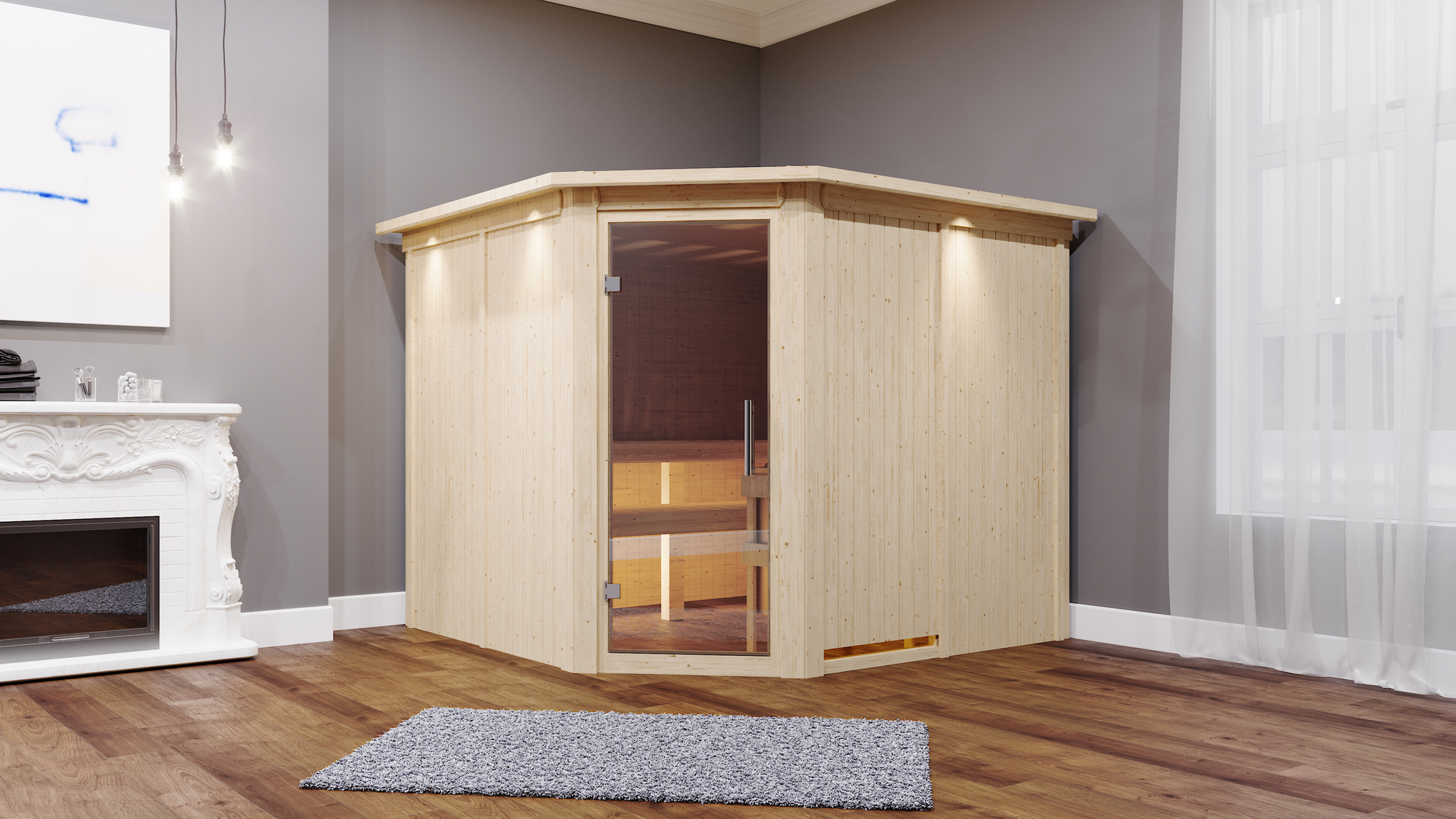 Karibu Elementsauna 'Alma' naturbelassen mit Kranz und Klarglastür 9 kW Ofen externe Steuerung easy 245 x 210 x 202 cm