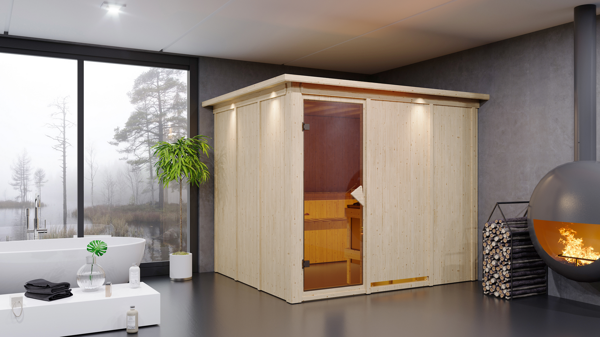 Karibu Elementsauna 'Alisa' naturbelassen mit Kranz 9 kW Ofen Edelstahl externe Steuerung Easy 245 x 210 x 202 cm