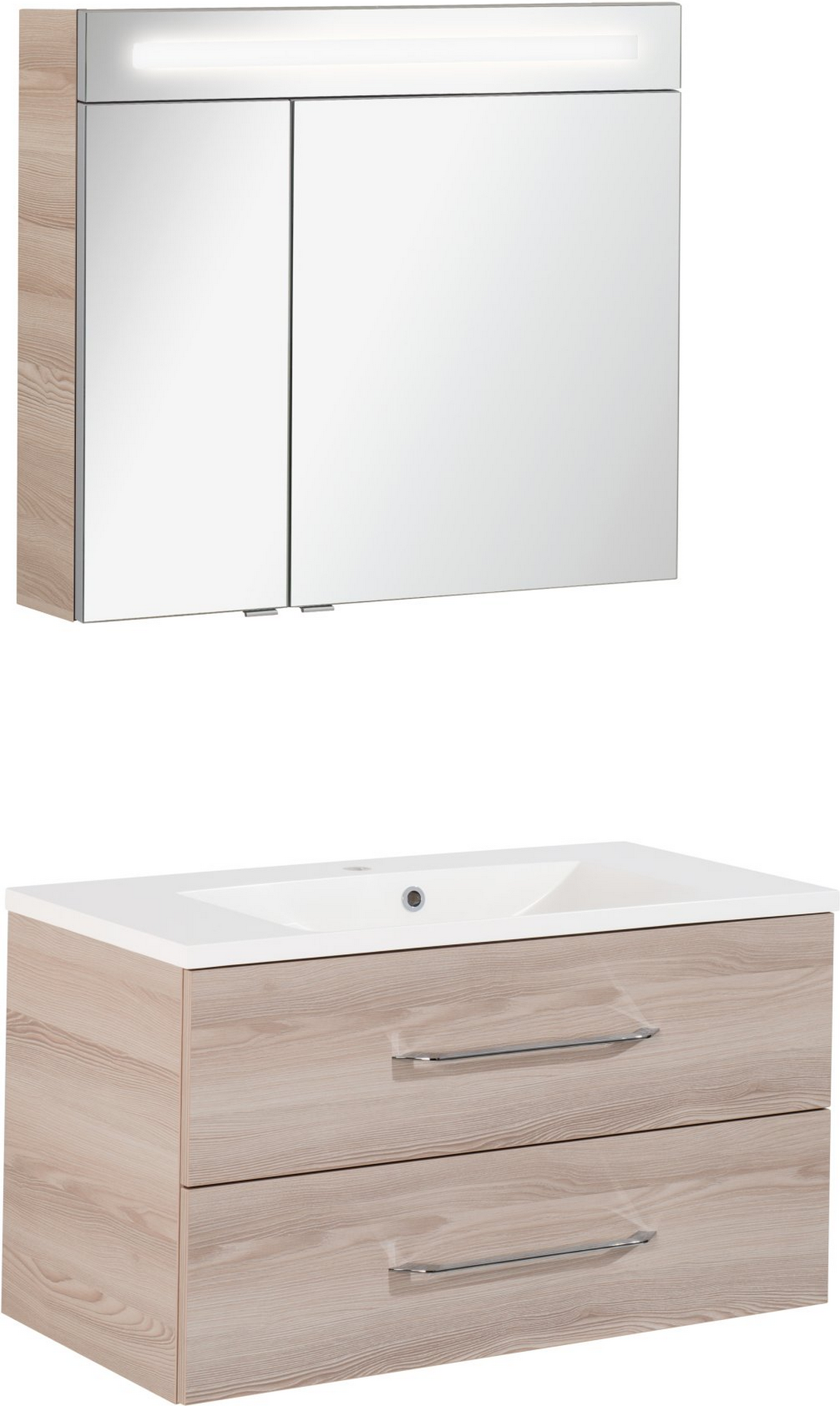 Fackelmann Badmöbelset 'b.clever' Spiegelschrank und Waschbecken mit Unterschrank weiß/Alaska Esche