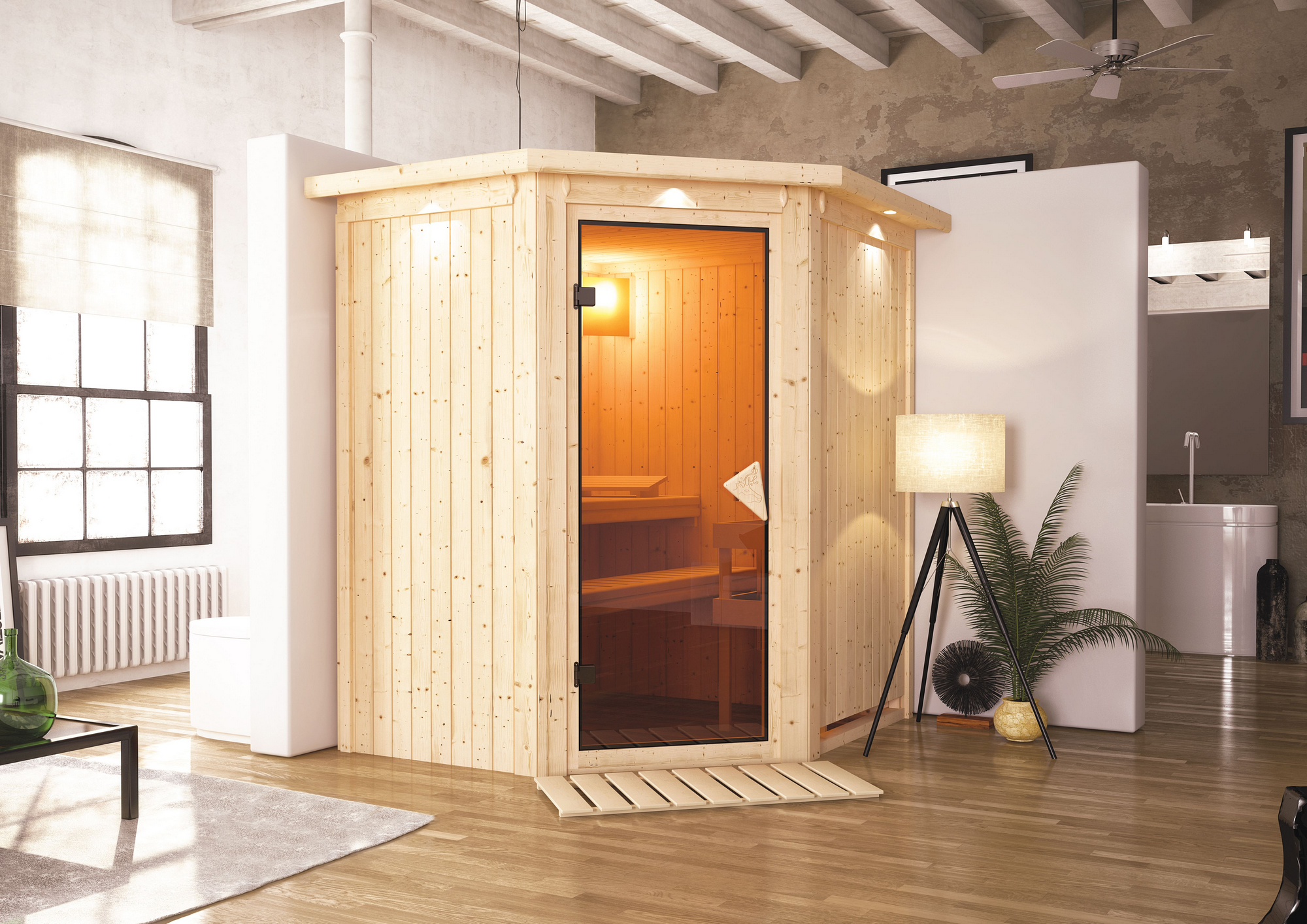 Karibu Elementsauna 'Emma' naturbelassen mit Kranz 184 x 165 x 202 cm