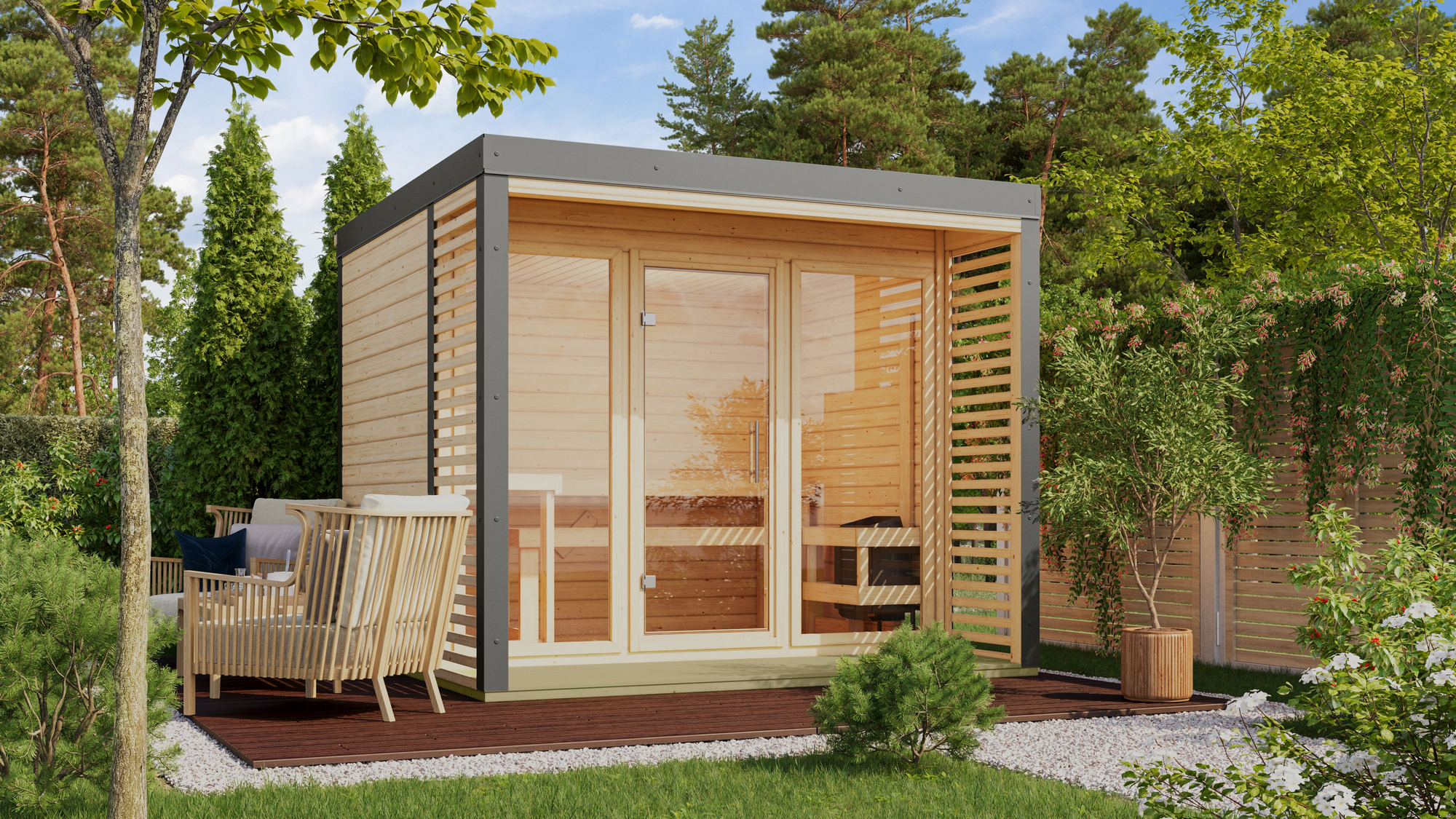 Karibu Saunahaus 'Aressa 3' naturbelassen / graualuminium 276 x 231,5 x 276 cm