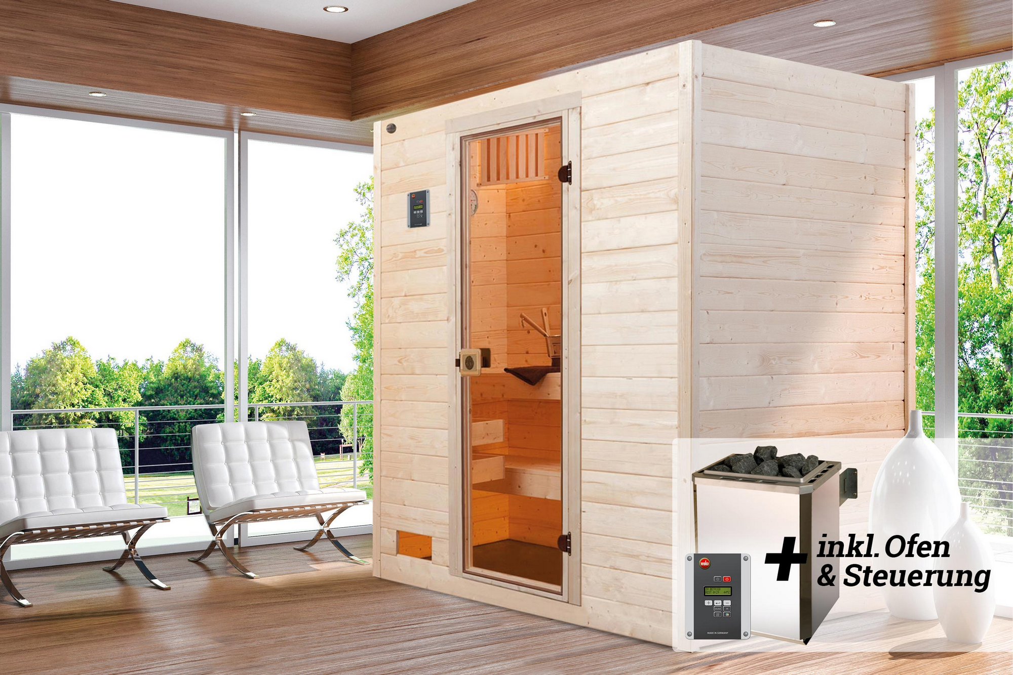 Weka Massivholz-Sauna 'Valida 2' mit 4,5 kW OS-Ofenset, Steuerung, Glastür 187 x 137 x 203,5 cm