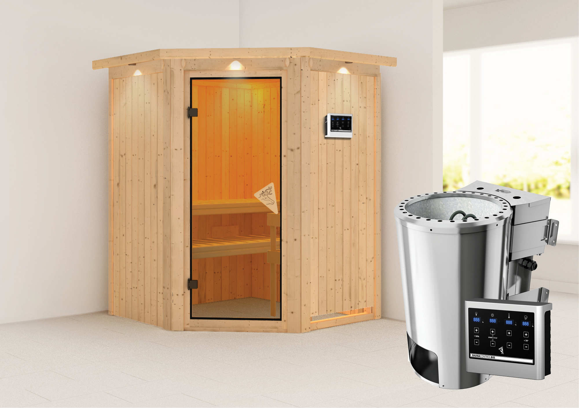 Karibu Elementsauna 'Valeria' naturbelassen mit Kranz 3,6 kW Bio-Ofen externe Steuerung modern 165 x 165 x 202 cm