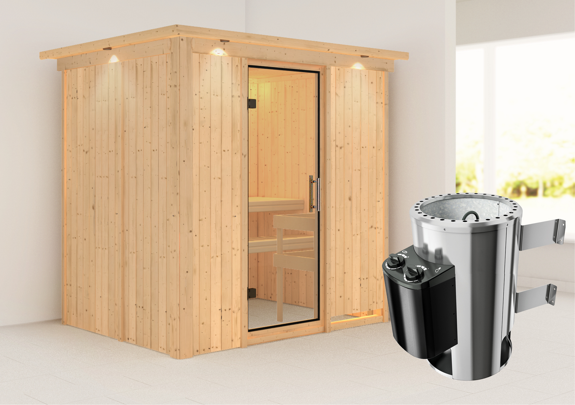 Karibu Elementsauna 'Carla' naturbelassen mit Kranz und Klarglastür 3,6 kW Ofen integrierte Steuerung 210 x 165 x 202 cm