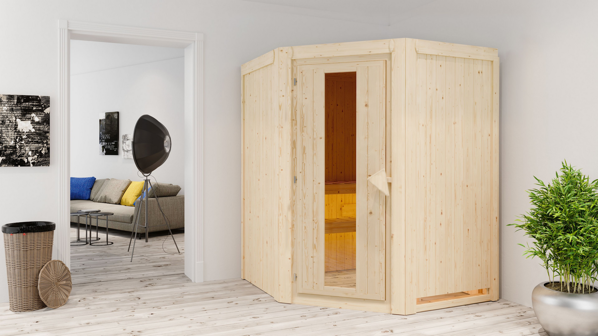 Karibu Elementsauna 'Adora' naturbelassen mit Energiespartür 9 kW Ofen integrierte Steuerung 151 x 151 x 198 cm
