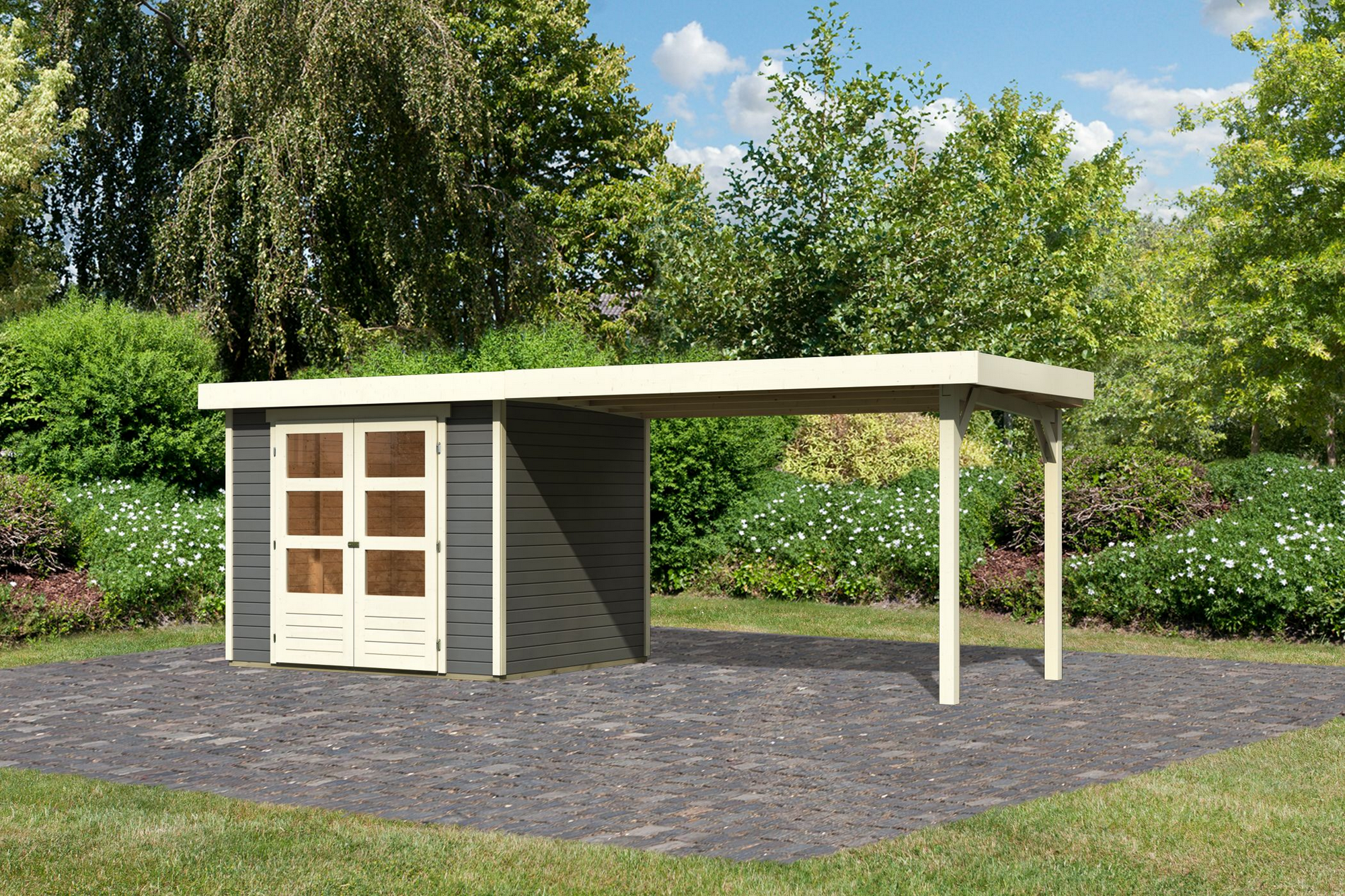 Karibu Gartenhaus-Set 'Raskola 3' terragrau mit Anbaudach 528,5 x 211 x 238 cm