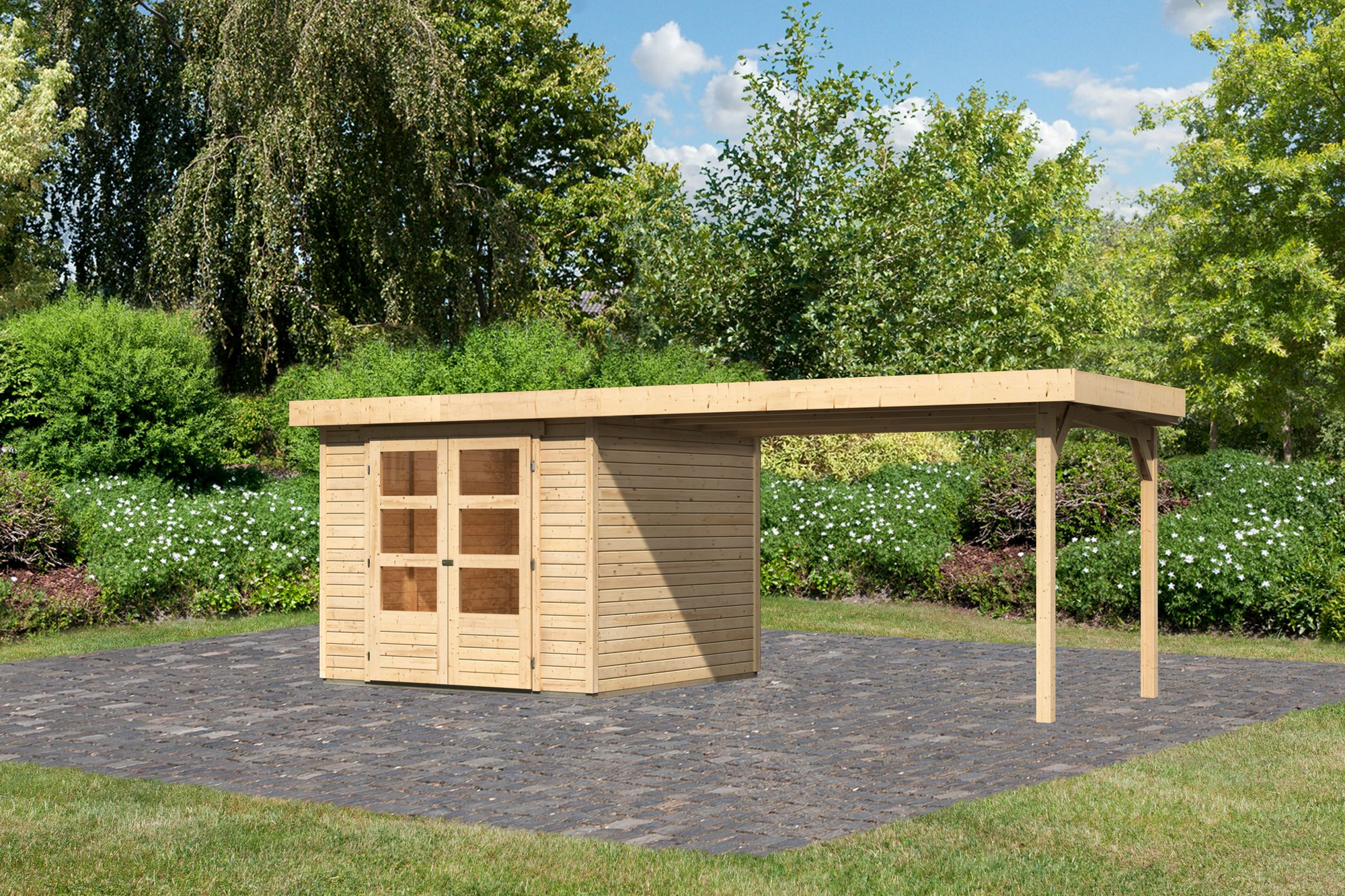 Karibu Gartenhaus-Set 'Raskola 3,5' naturbelassen mit Schleppdach 528,5 x 211 x 262 cm