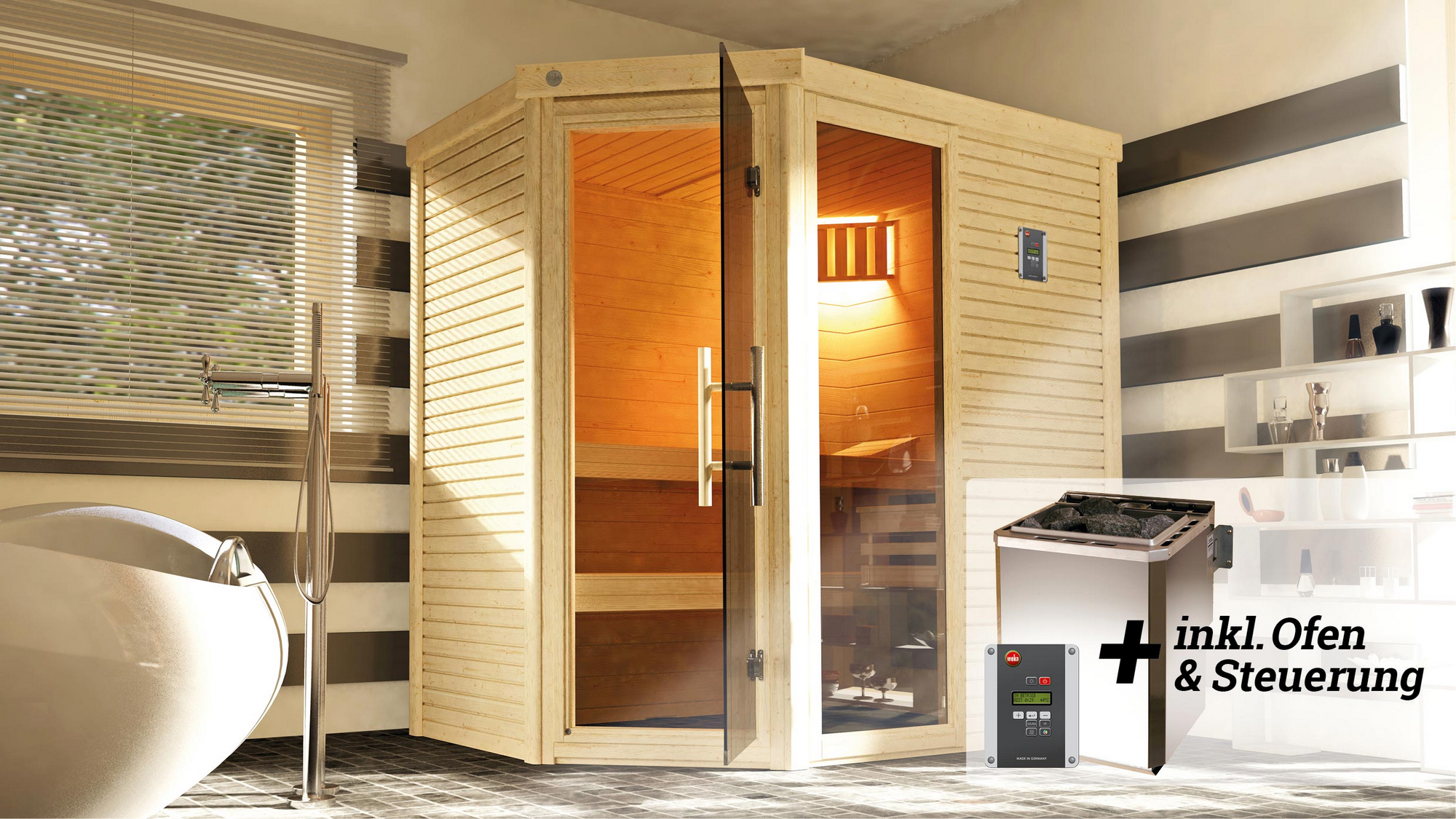 Weka Design-Sauna 'Cubilis 1' mit 7,5 kW BioS-Ofenset, Steuerung, Glastür, Fenster 198 x 148 x 205 cm