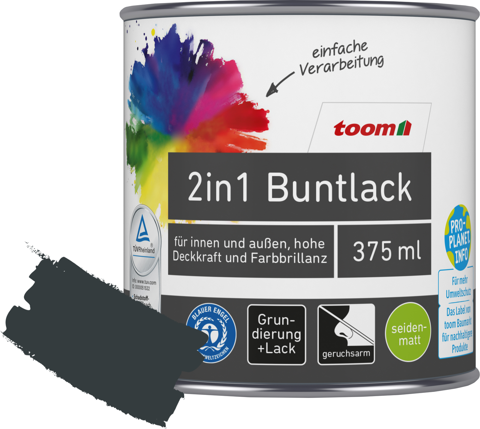 toom 2in1 Buntlack 'Schattenspiel' anthrazitfarben seidenmatt 375 ml