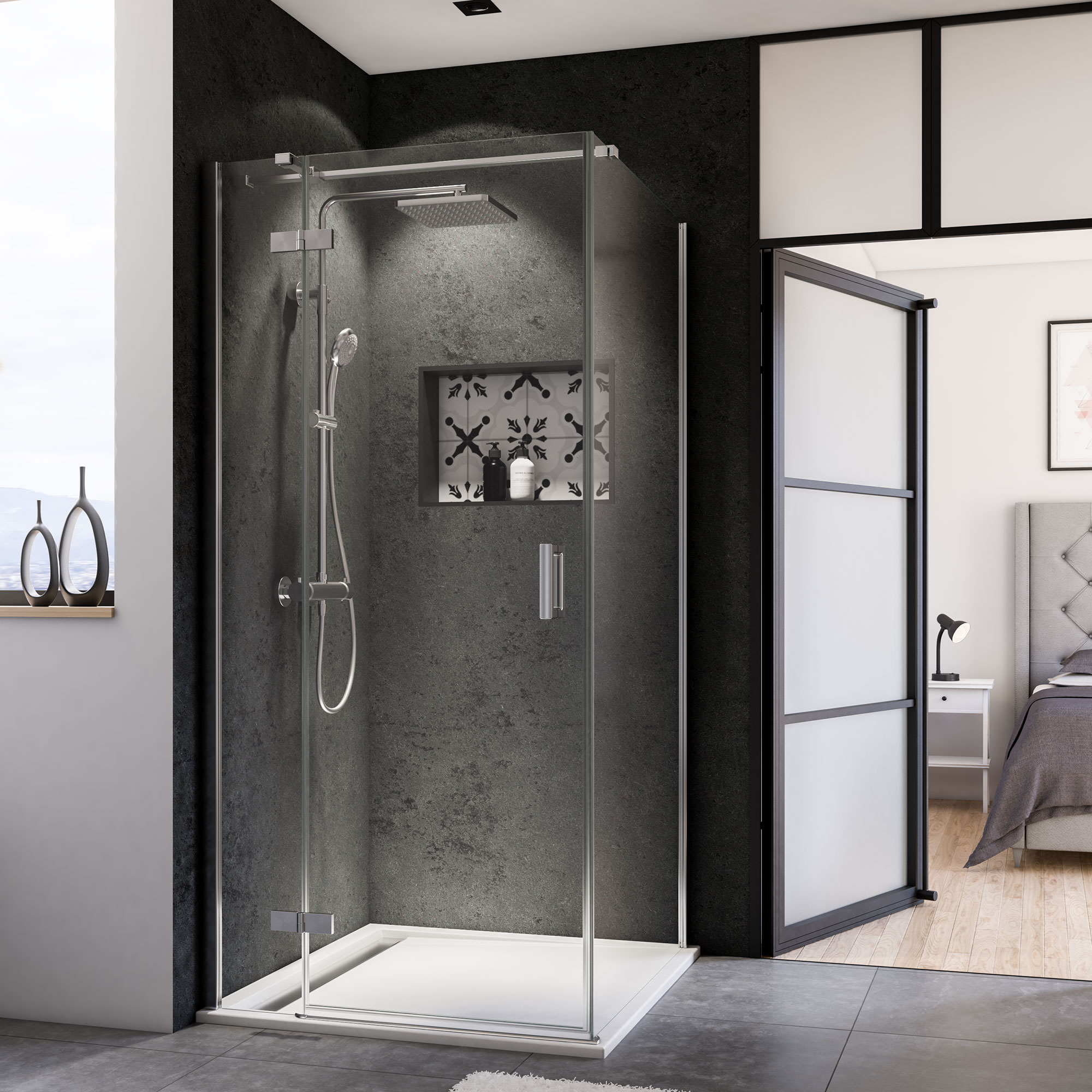 Breuer Drehtür 'Panorama/Quick72' für Seitenwand, Klarglas beschichtet, links, teilgerahmt, chromfarben, 90 x 200 cm