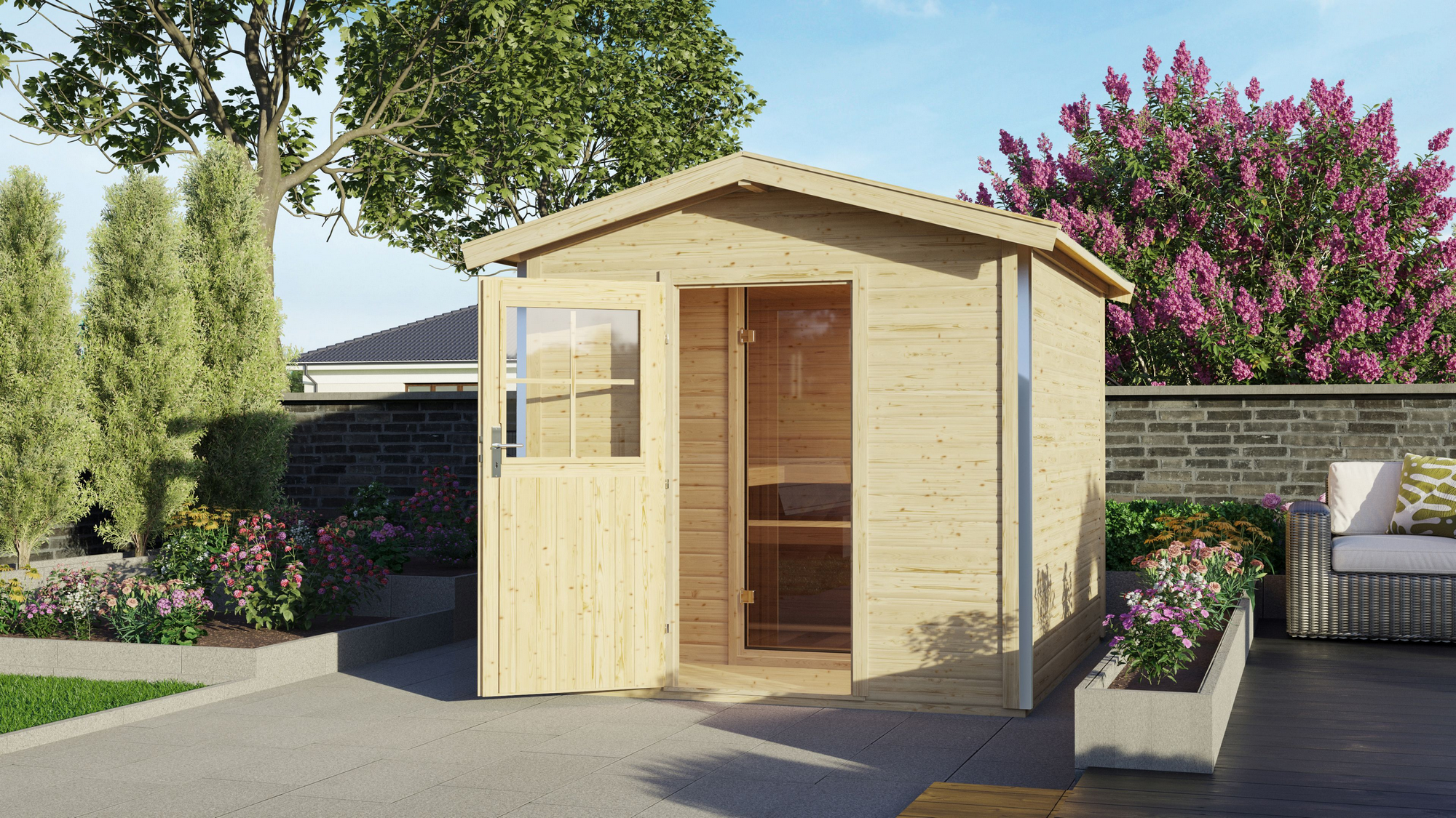 Karibu Saunahaus 'Bosse 1' naturbelassen mit Vorraum und klassischer Tür 9 kW Bio-Ofen externe Steuerung Easy 231 x 273 ...