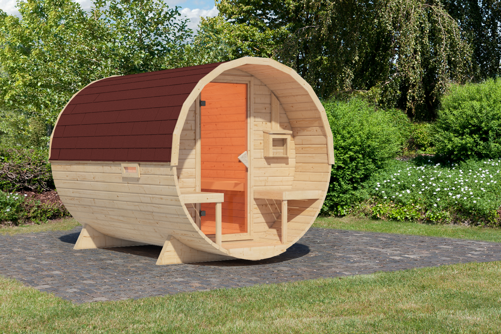 Karibu Fasssauna Größe 2 naturbelassen mit roten Schindeln 225 x 295 x 229 cm