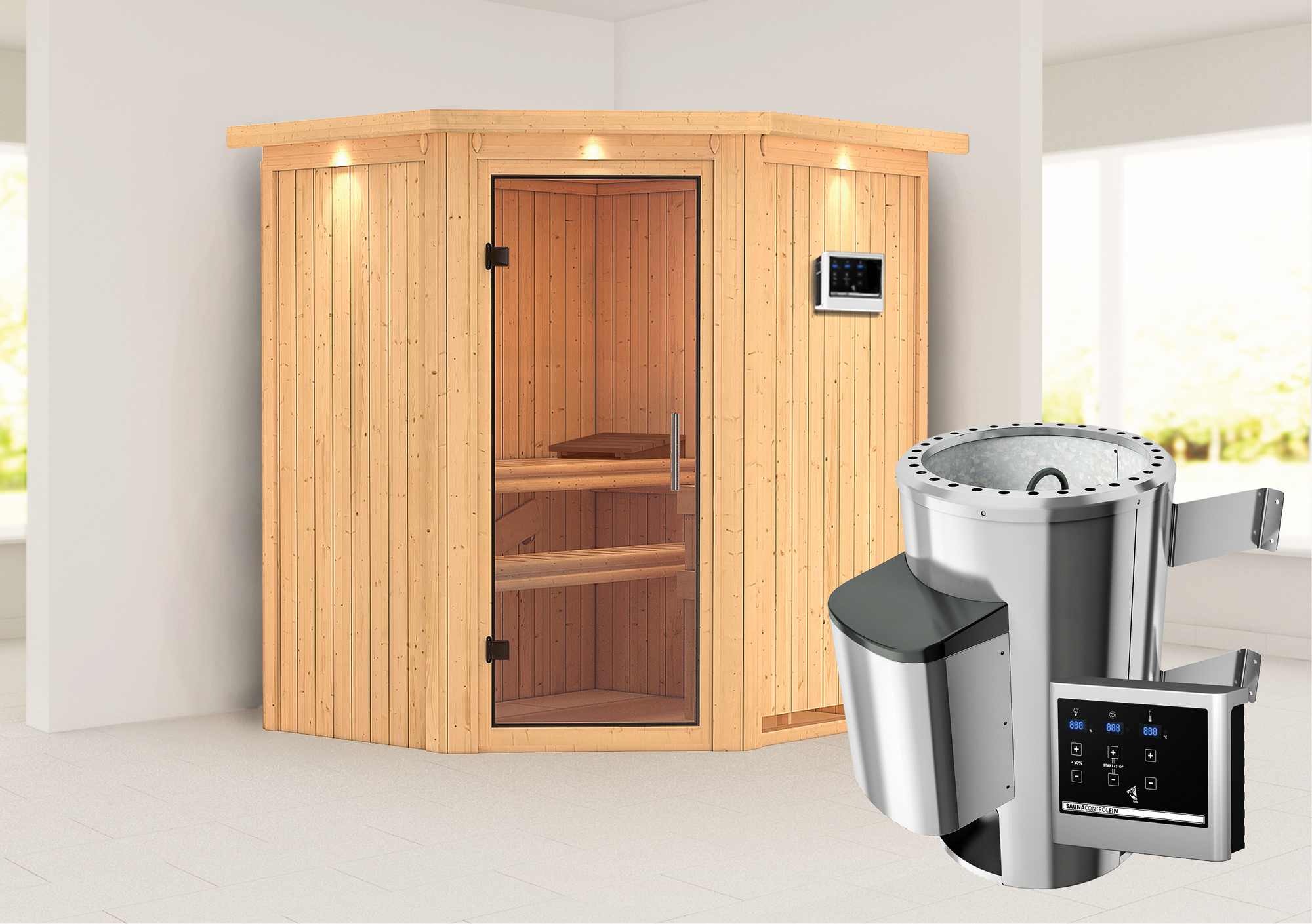 Karibu Elementsauna 'Emma' naturbelassen mit Kranz und Klarglastür 3,6 kW Ofen externe Steuerung Easy 184 x 165 x 202 cm
