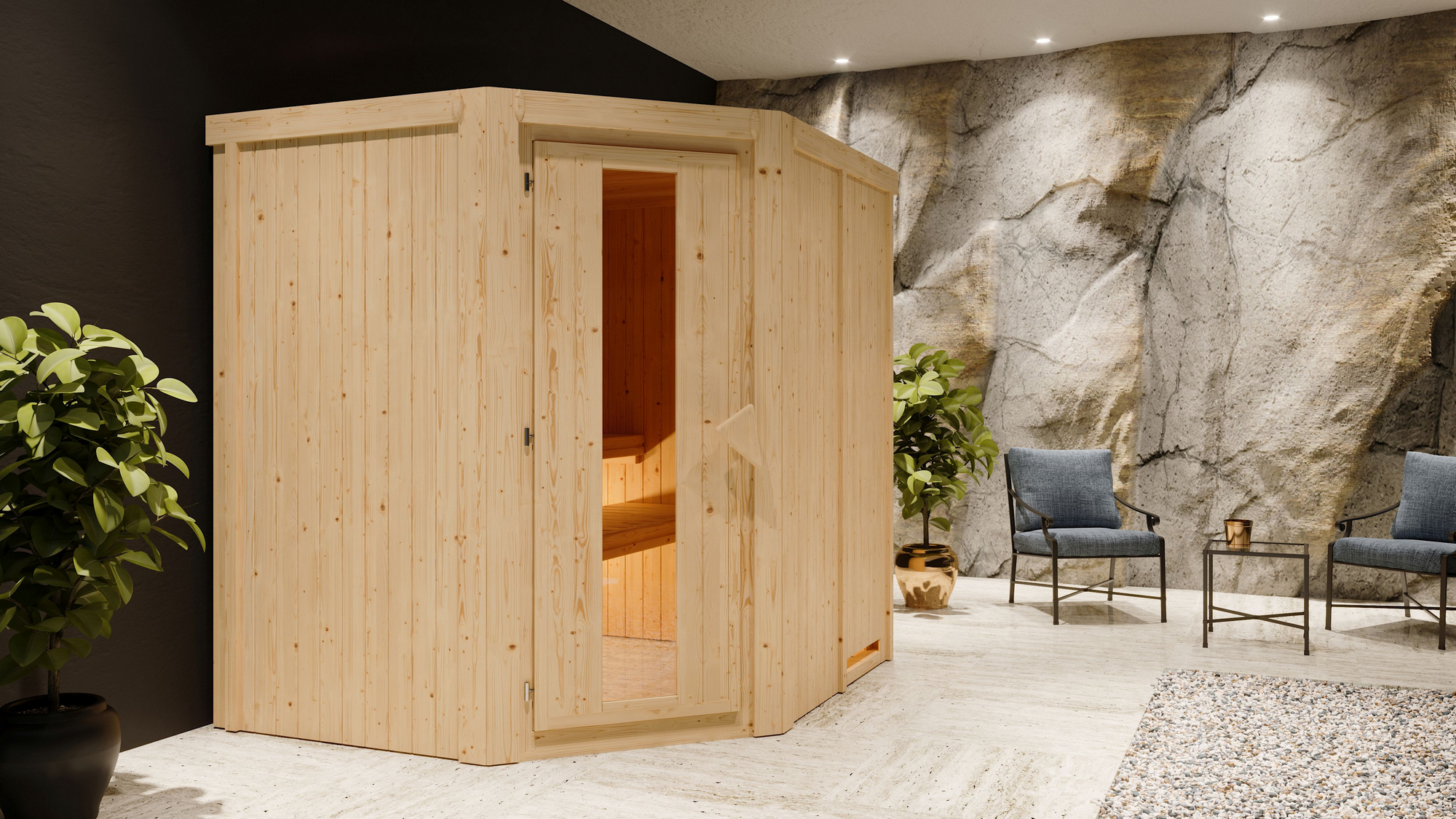 Karibu Elementsauna 'Alena' naturbelassen mit Energiespartür 9 kW Ofen externe Steuerung Easy 196 x 170 x 198 cm