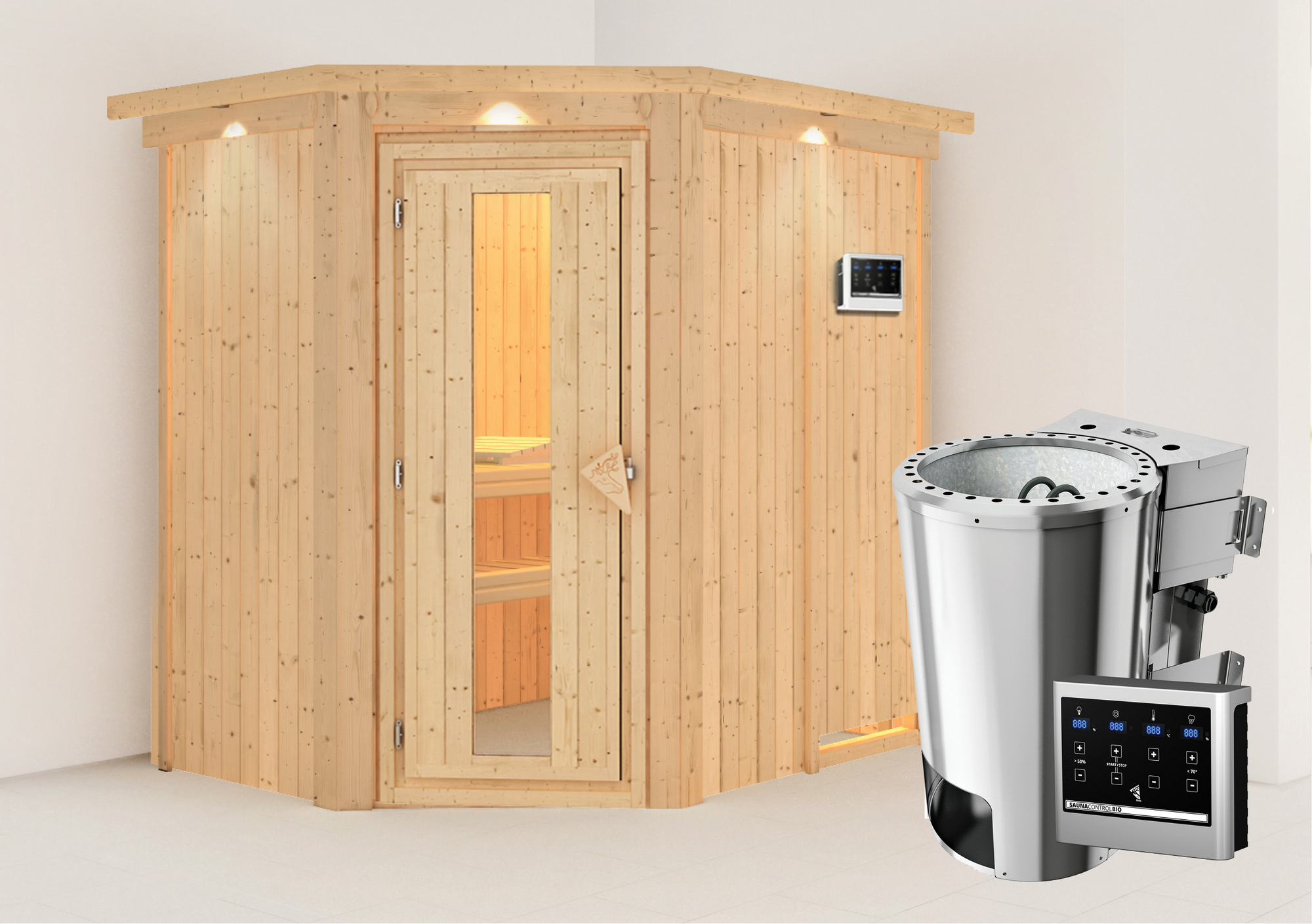 Karibu Elementsauna 'Carlota' naturbelassen mit Kranz und Energiespartür 3,6 kW Bio-Ofen externe Steuerung Easy 165 x 21...