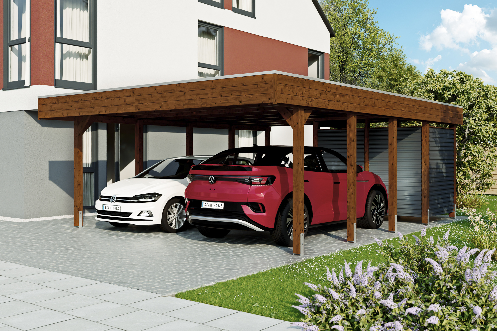 Thumbnail - SKAN HOLZ Doppelcarport 'Friesland Hybrid Set 14' Fichtenholz nussbaumfarben 557 x 708 cm
