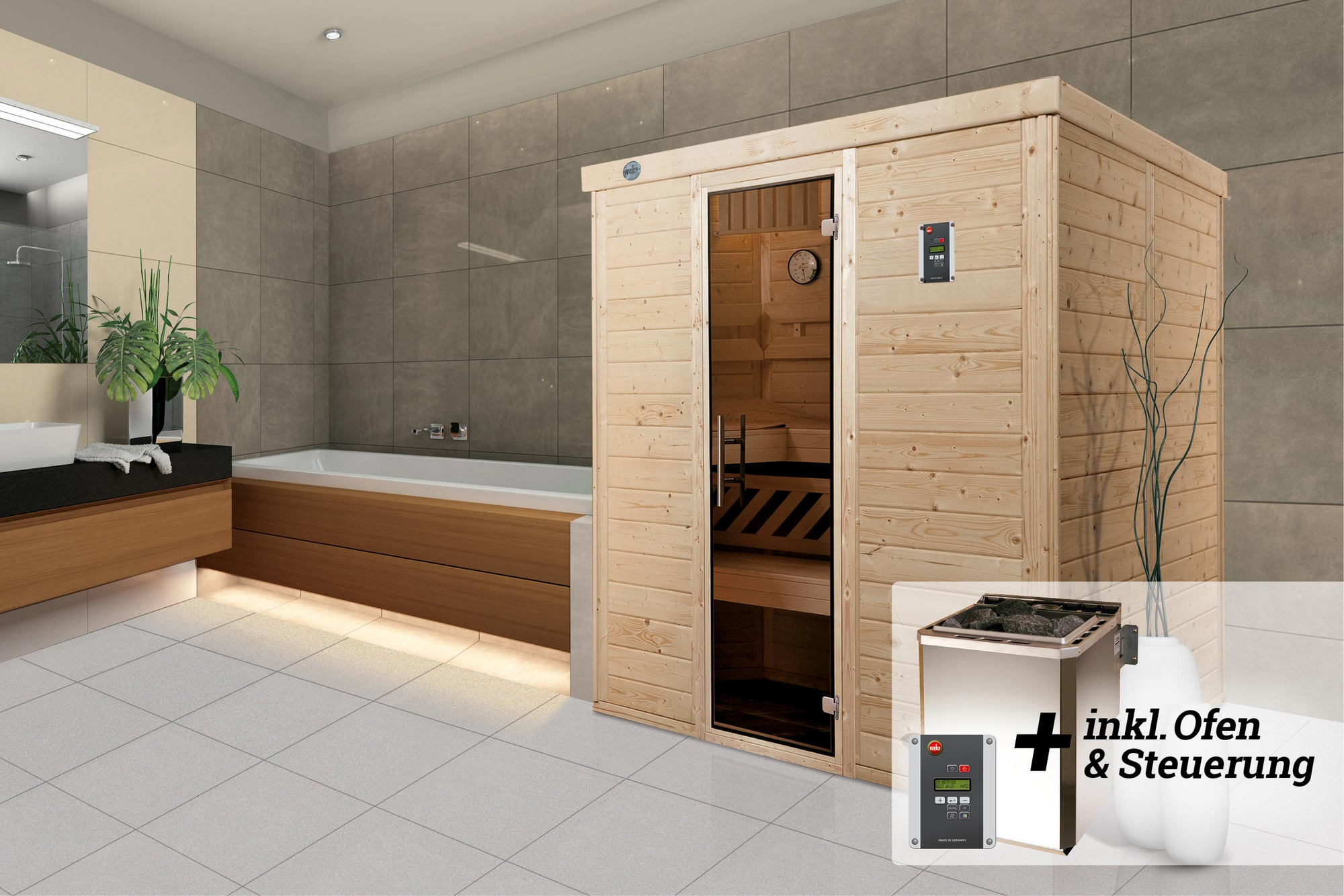 Thumbnail - Weka Massivholz-Elementsauna 'Kemi 4' mit 7,5 kW BioS-Ofenset, Steuerung, Glastür 188 x 188 x 200 cm