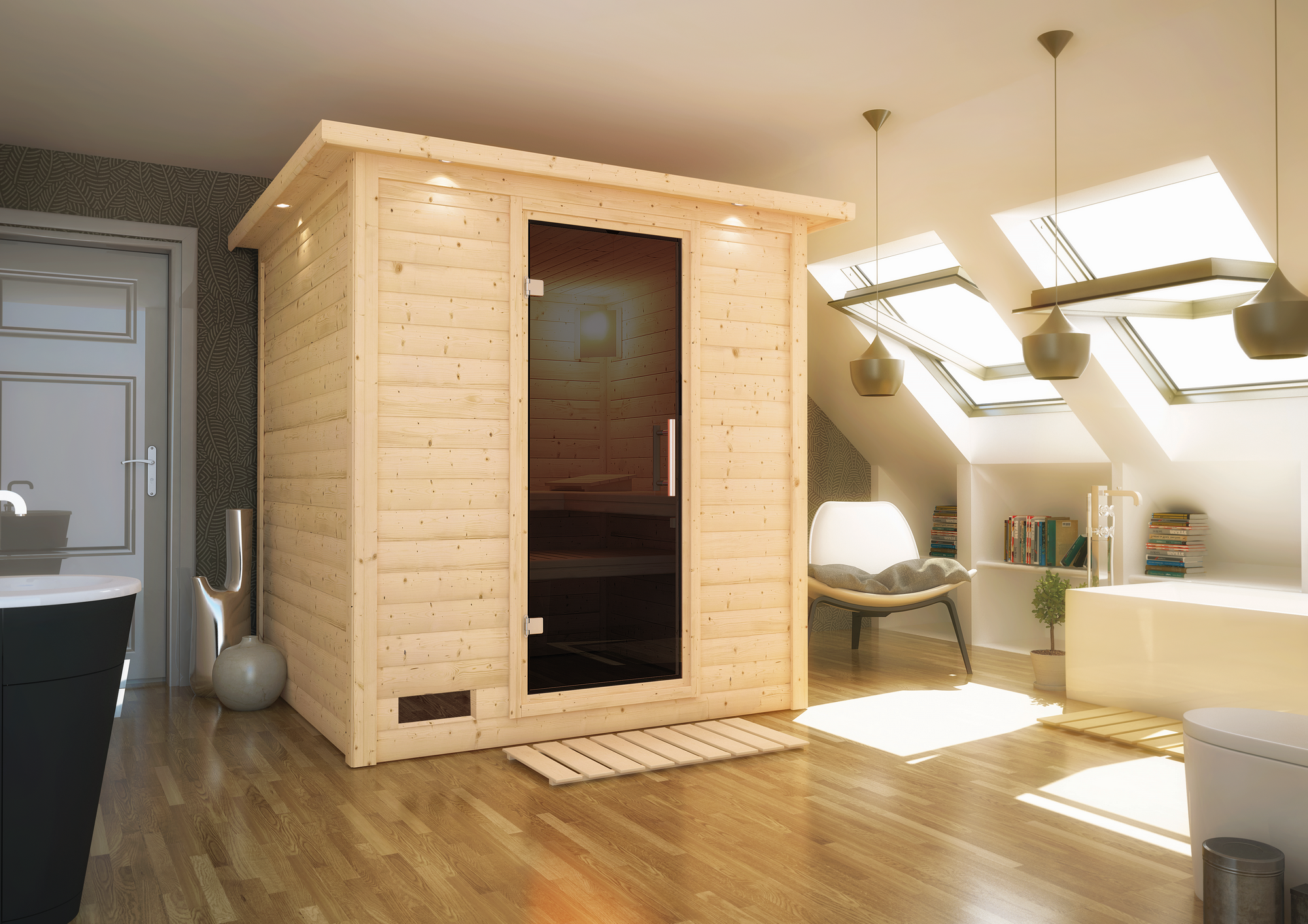 Karibu Massivholzsauna 'Luna' naturbelassen mit Kranz und graphitfarbenerr Tür mit Ofen 9 kW integrierte Steuerung 224 x...