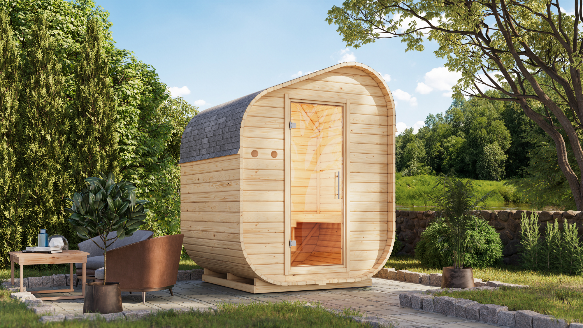 Karibu Fasssauna 'Suna 1' asymmetrisch naturbelassen 9 kW Ofen integrierte Steuerung 199 x 175 x 248,5 cm