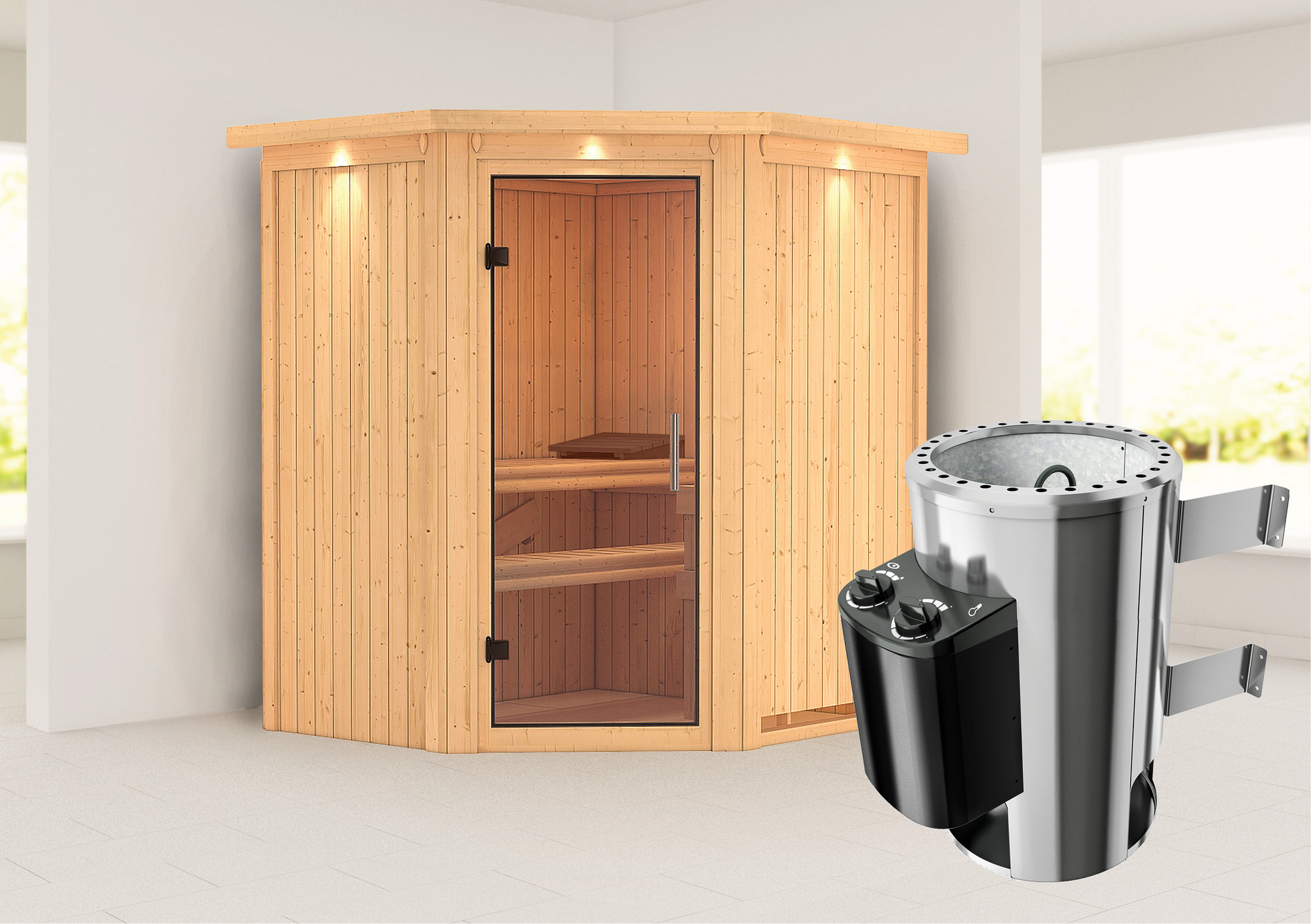 Karibu Elementsauna 'Emma' naturbelassen mit Kranz und Klarglastür 3,6 kW Ofen integrierte Steuerung 184 x 165 x 202 cm