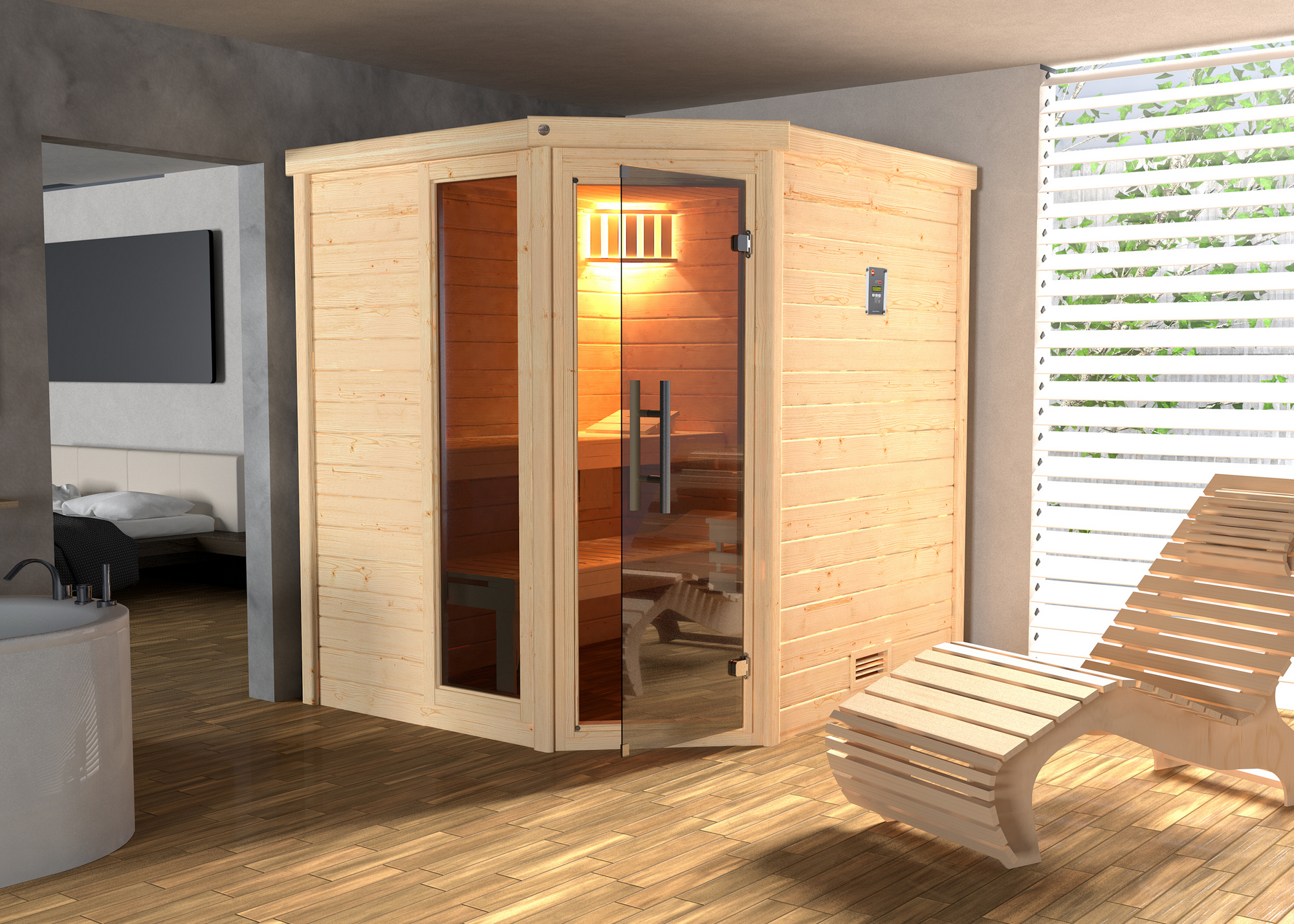 Weka Premium-Massivholzsauna 'Turku 1' 195 x 178 x 205 cm mit Glastür, Fenster, Leuchtenset und 7,5 kW BioS-Ofenset
