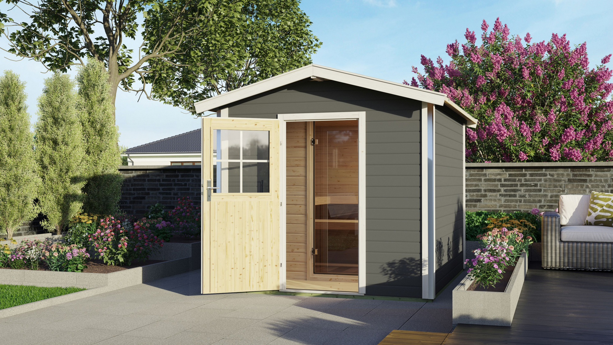 Karibu Saunahaus 'Bosse 1' terragrau mit Vorraum und klassischer Tür 9 kW Ofen externe Steuerung 231 x 273 x 235 cm