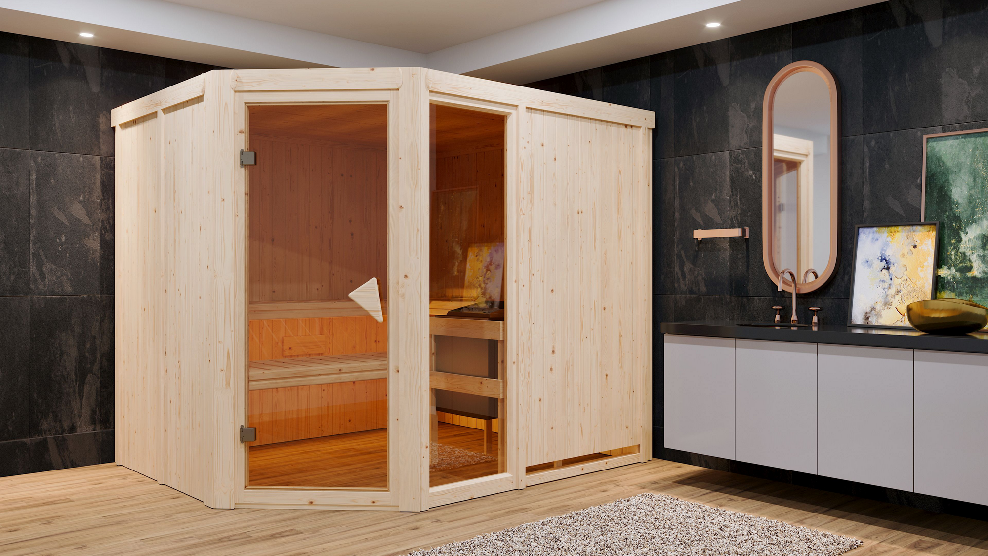 Karibu Elementsauna 'Almara 3' naturbelassen mit bronzierter Tür 9 kW Ofen Edelstahl integrierte Steuerung 231 x 196 x 1...