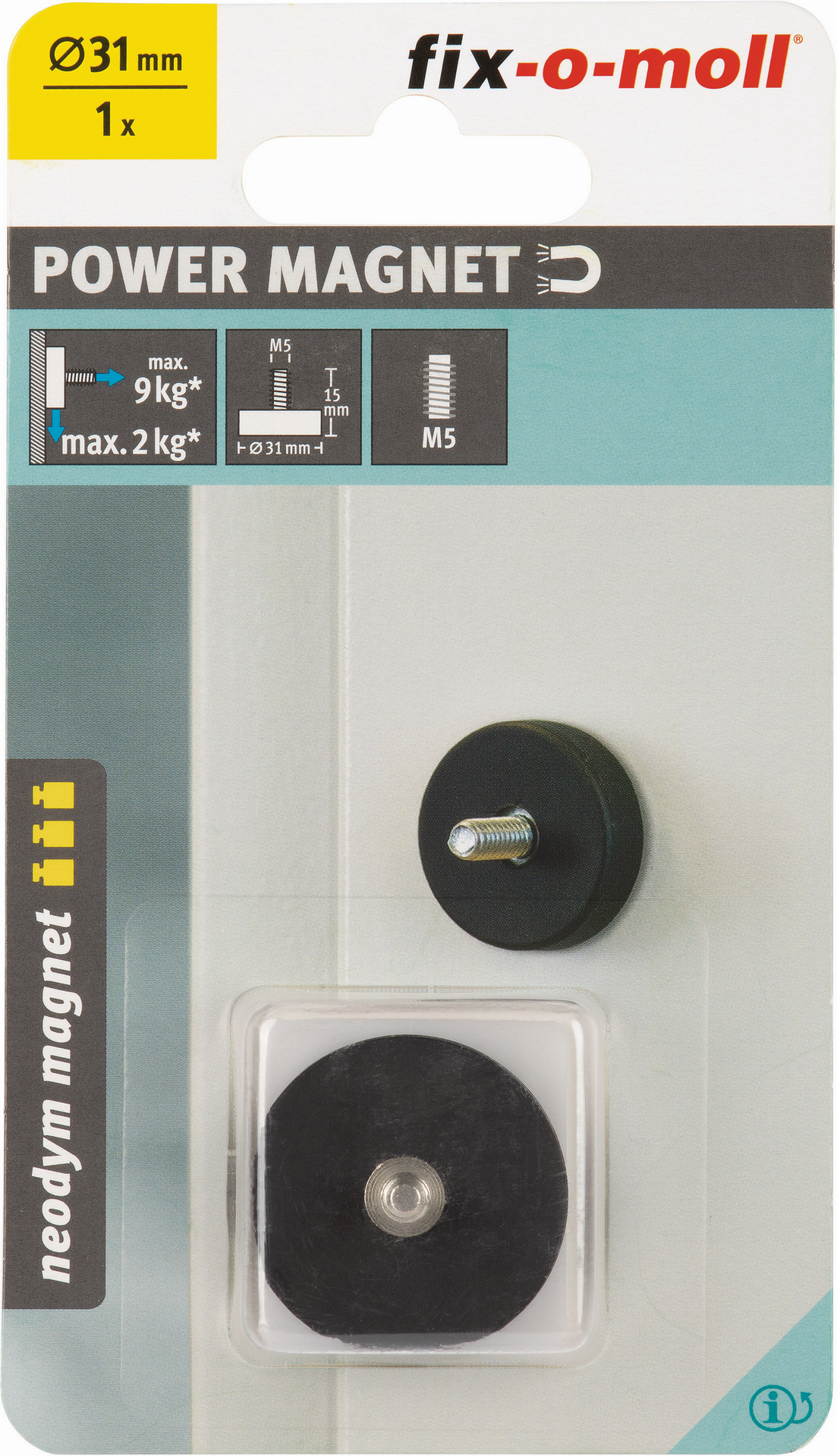 Fix-o-moll Topfmagnet 'Neodym' schwarz gummiert M5 Gewindebolzen Ø 31 x 15 mm