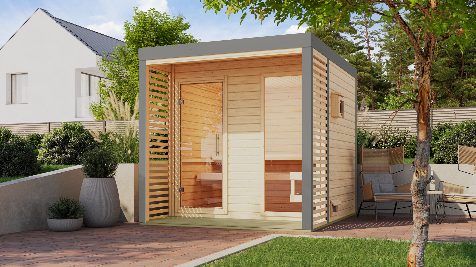 Karibu Saunahaus 'Aressa 2' naturbelassen / graualuminium Ofen 9 kW Bio externe Steuerung 231 x 231,5 x 276 cm