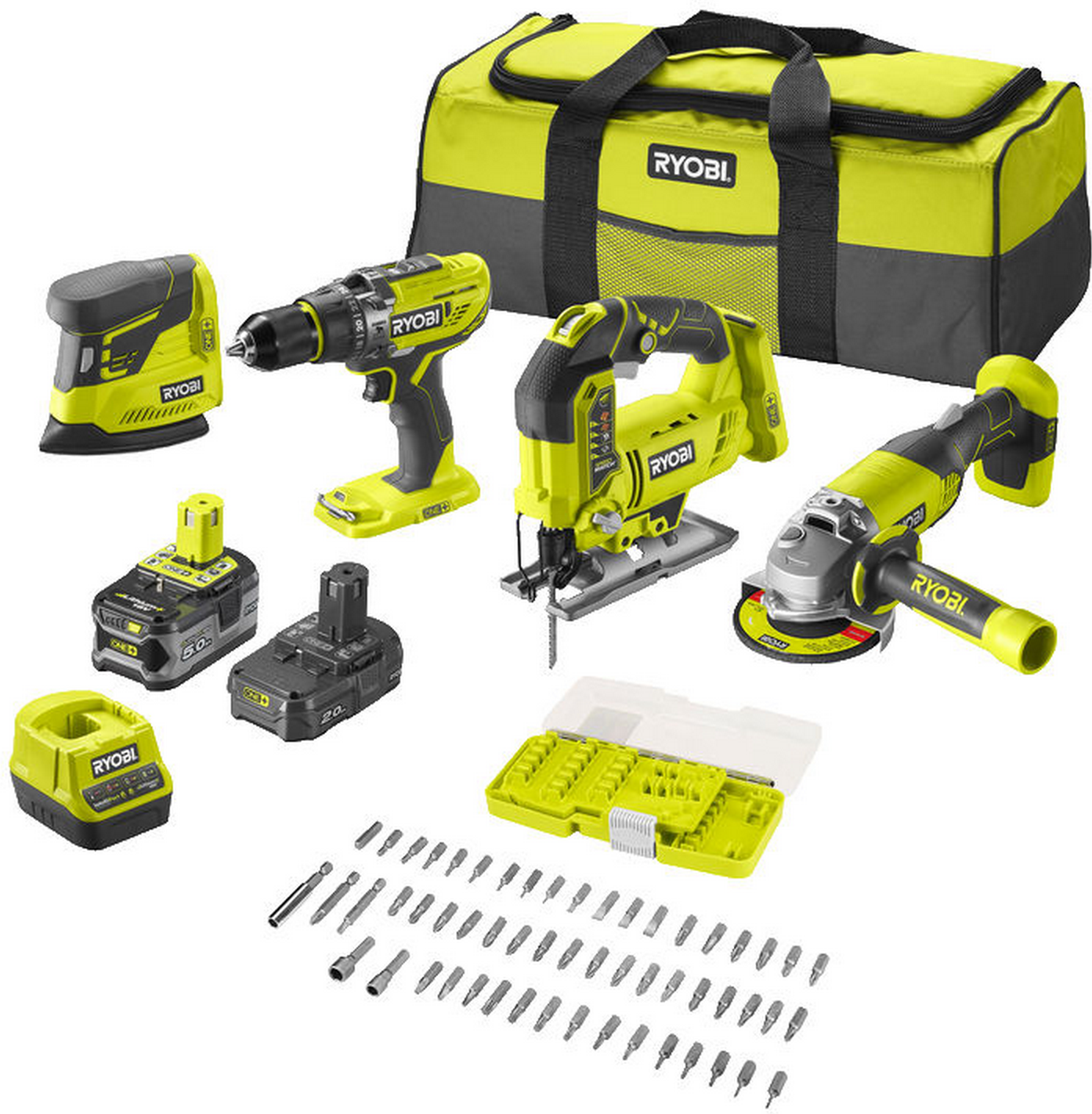 Thumbnail - Ryobi Combo Kit Akku-Schlagbohrschrauber, Winkelschleifer, Stichsäge, Delta-Vibrationsschleifer 'R18CK4F-252S' mit Akku,...