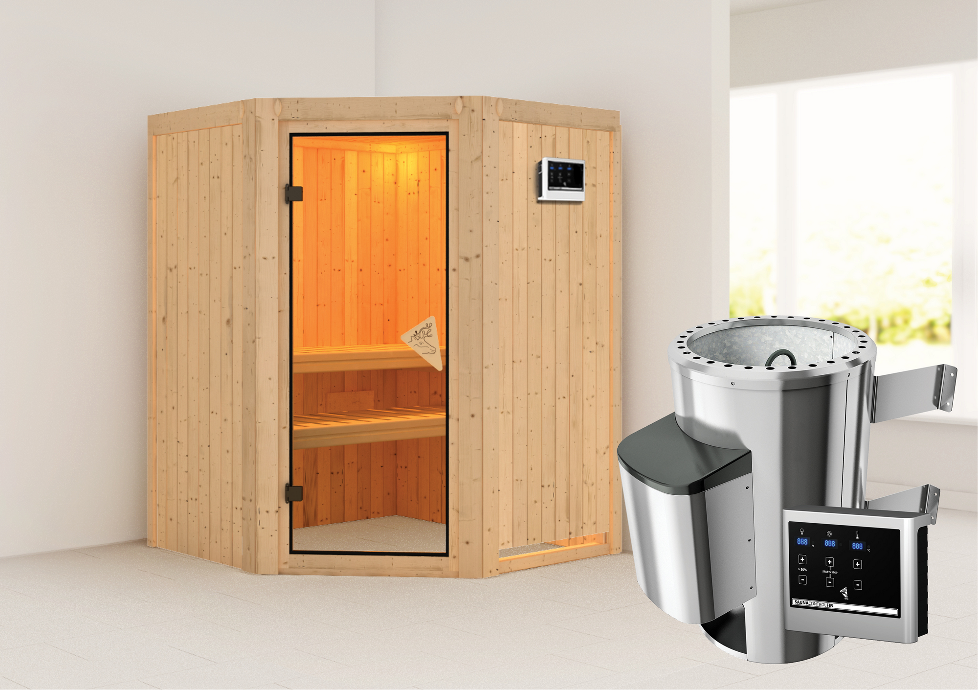 Karibu Elementsauna 'Valeria' naturbelassen mit bronzierter Tür mit 3,6 kW Ofen externe Steuerung Easy 151 x 151 x 198 c...