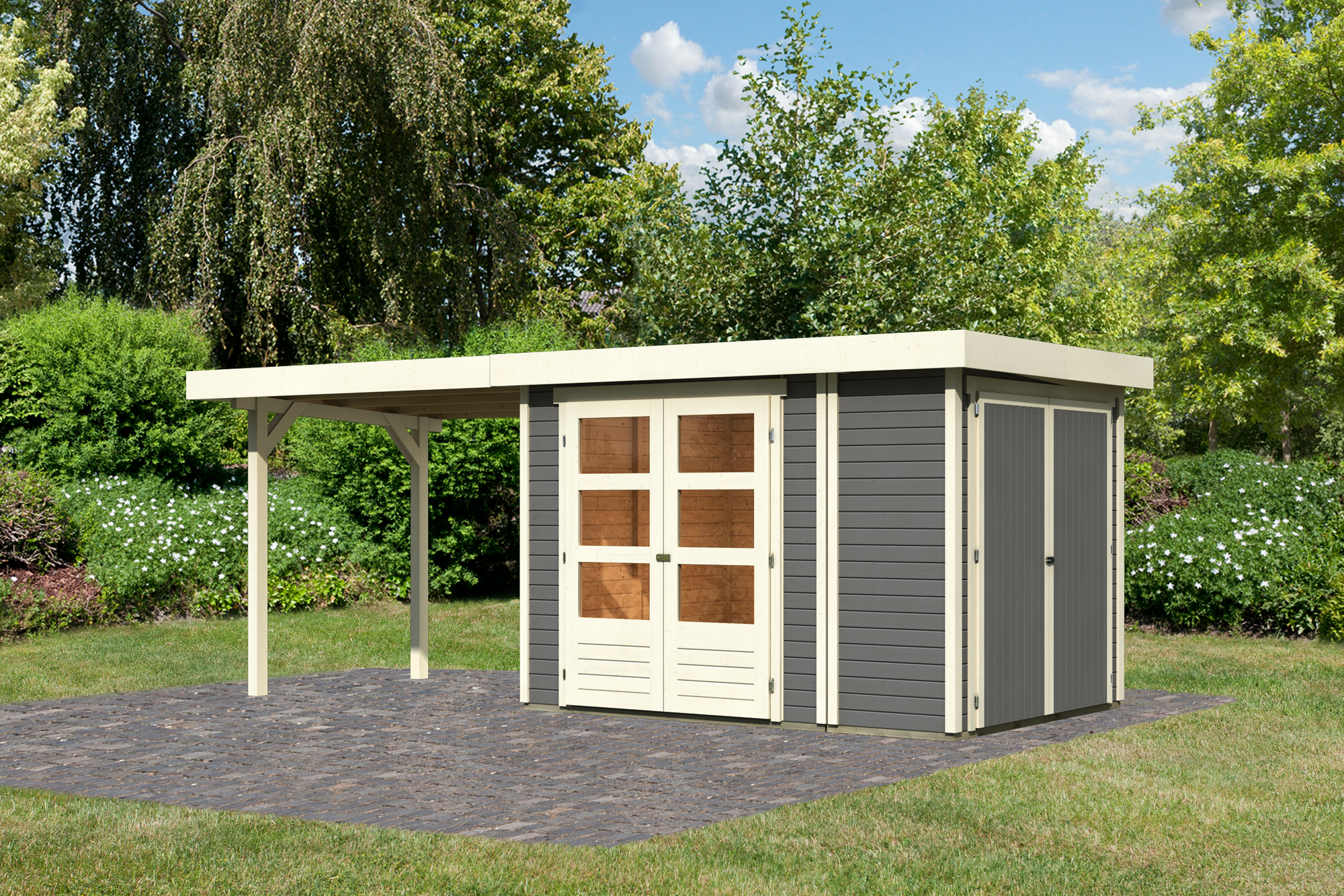 Karibu Gartenhaus-Set 'Betola 2' terragrau mit Schrank, Anbaudach und Breite 580 x 211 x 238 cm