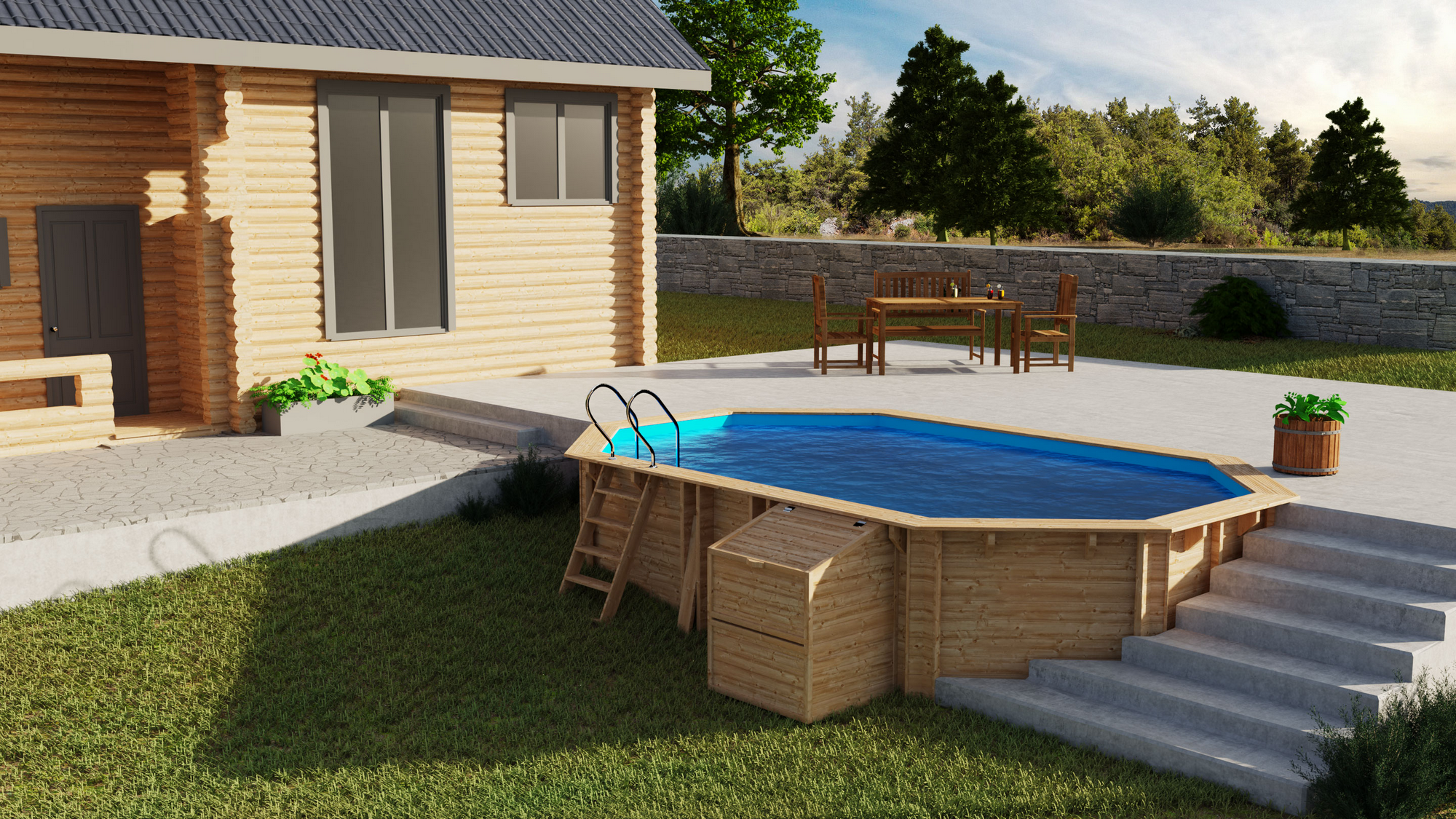 Thumbnail - GRE Massivholzpool-Set 'Safran 2' 620 x 395 x 136 cm mit Edelstahlleiter, Holzleiter und Sandfilter