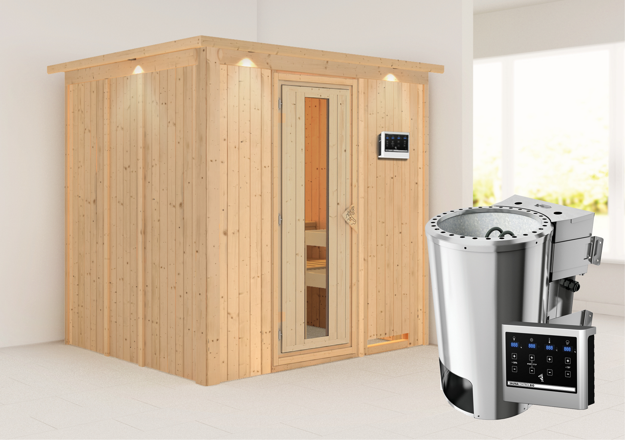 Karibu Elementsauna 'Carmen' naturbelassen mit Kranz und Energiespartür 3,6 kW Bio-Ofen externe Steuerung Easy 210 x 184...