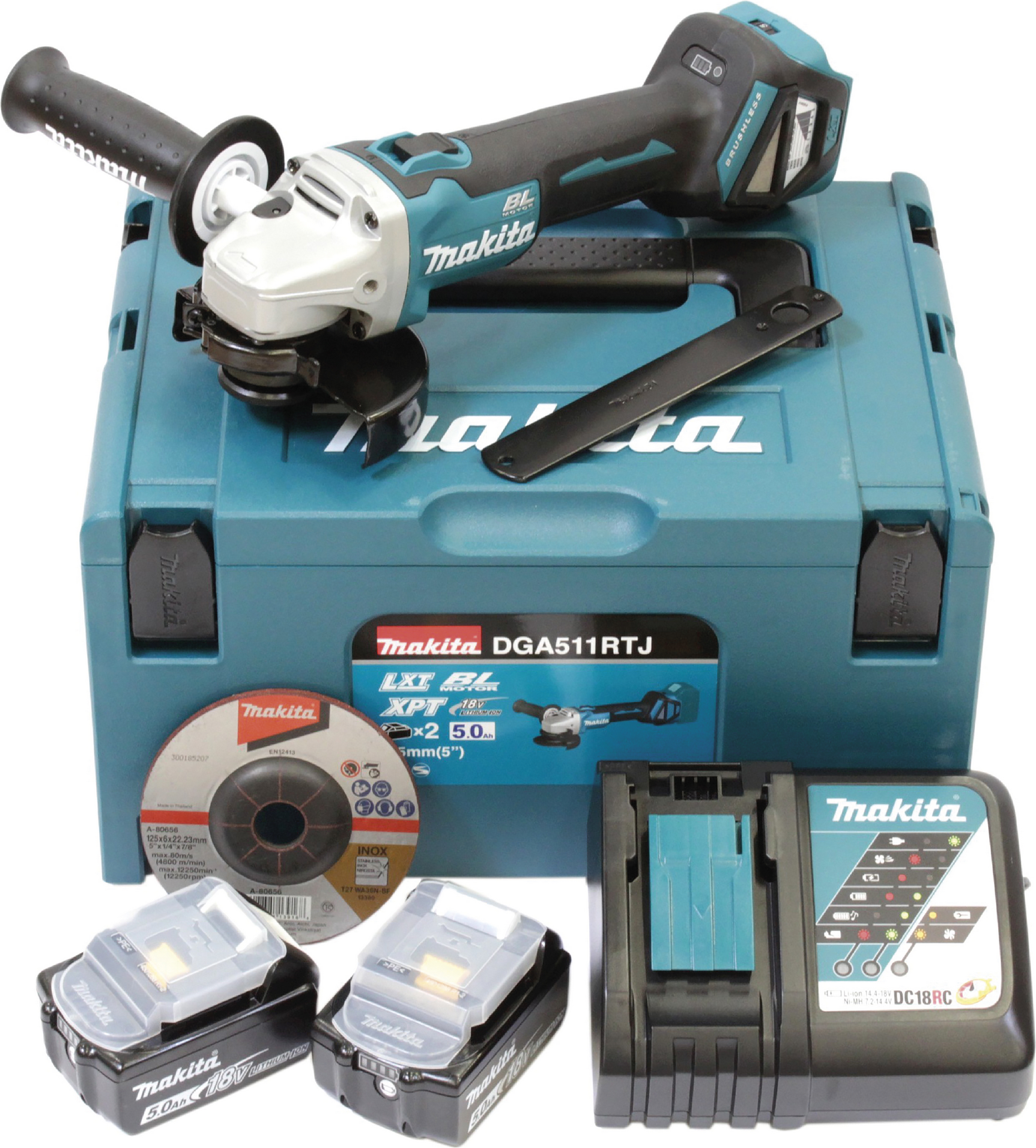 Makita Akku-Winkelschleifer 'DGA511RTJ' mit 2 Akkus, in Transportkoffer, 18 V