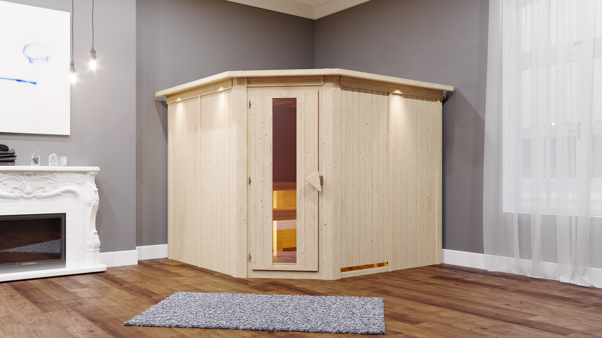 Karibu Elementsauna 'Alma' naturbelassen mit Energiespartür und Kranz 9 kW Ofen externe Steuerung Easy 245 x 210 x 202 c...