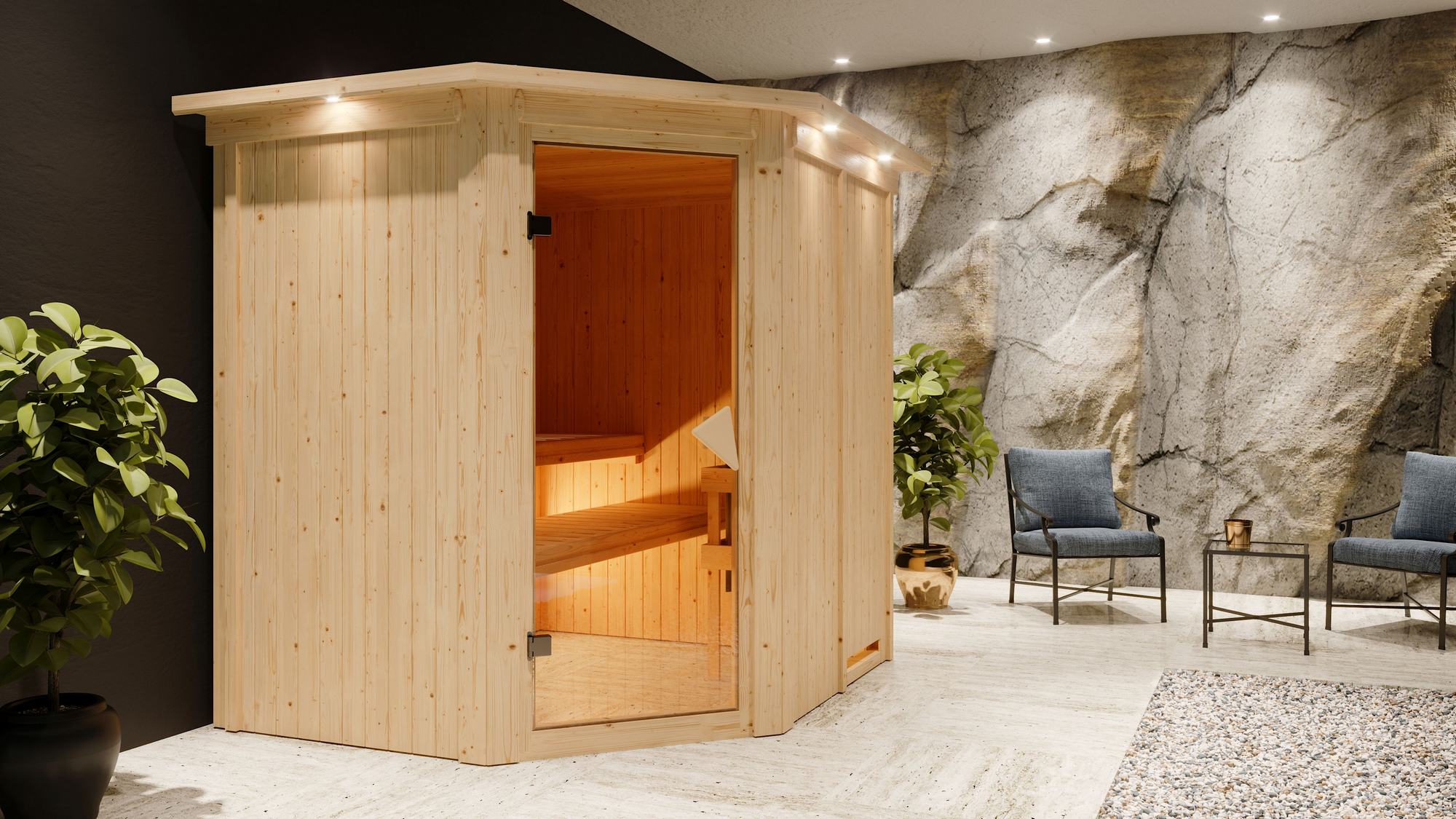 Karibu Elementsauna 'Alena' naturbelassen mit Kranz 9 kW Ofen integrierte Steuerung 210 x 184 x 202 cm